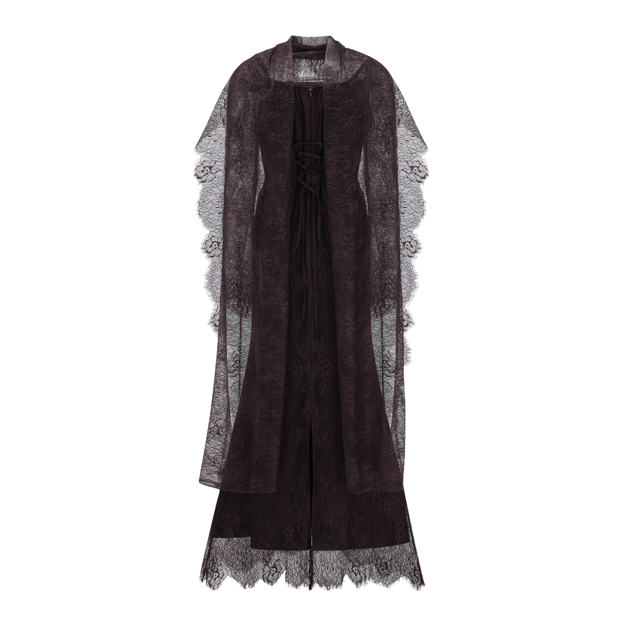 Robe longue à fleurs et dentelle Christa Brown avec cape (Vente définitive - États-Unis uniquement)