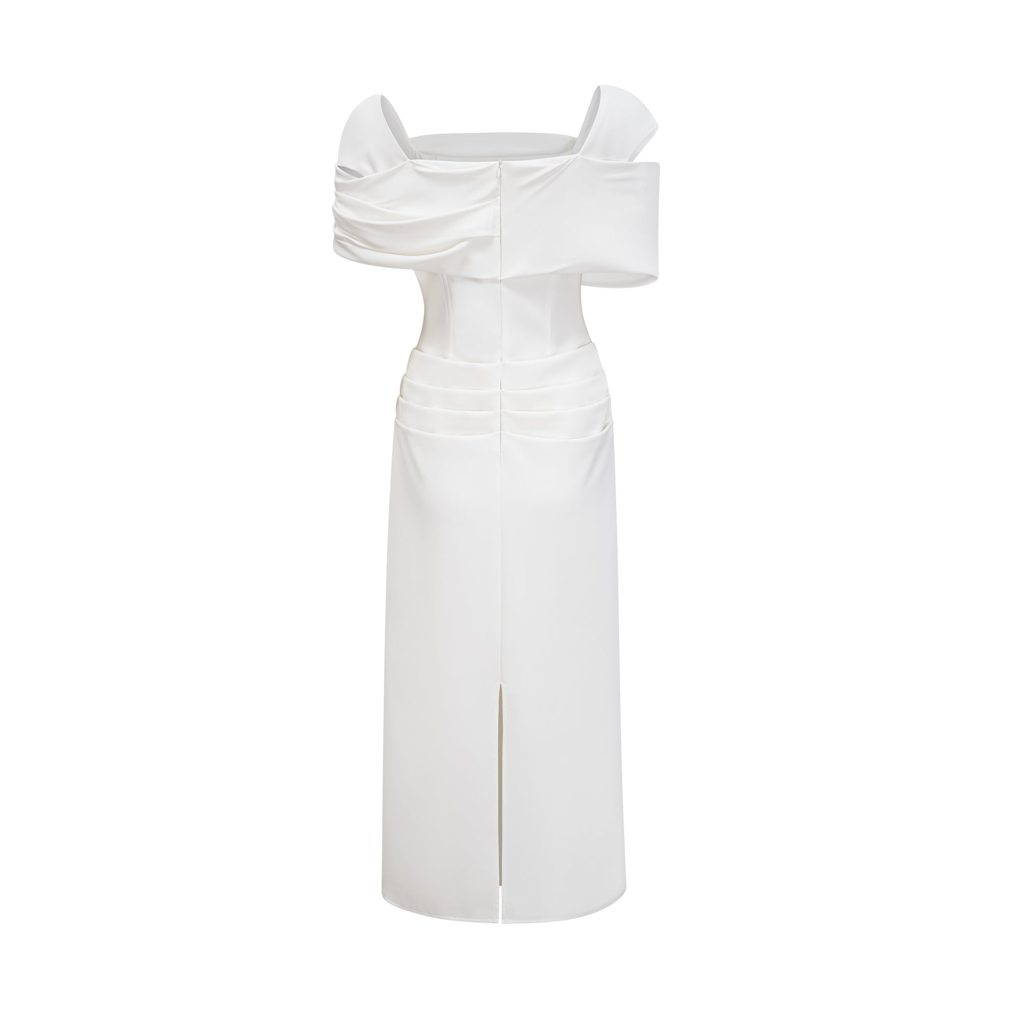 White off-the-shoulder gown with a draped bodice and cascading side ruffles