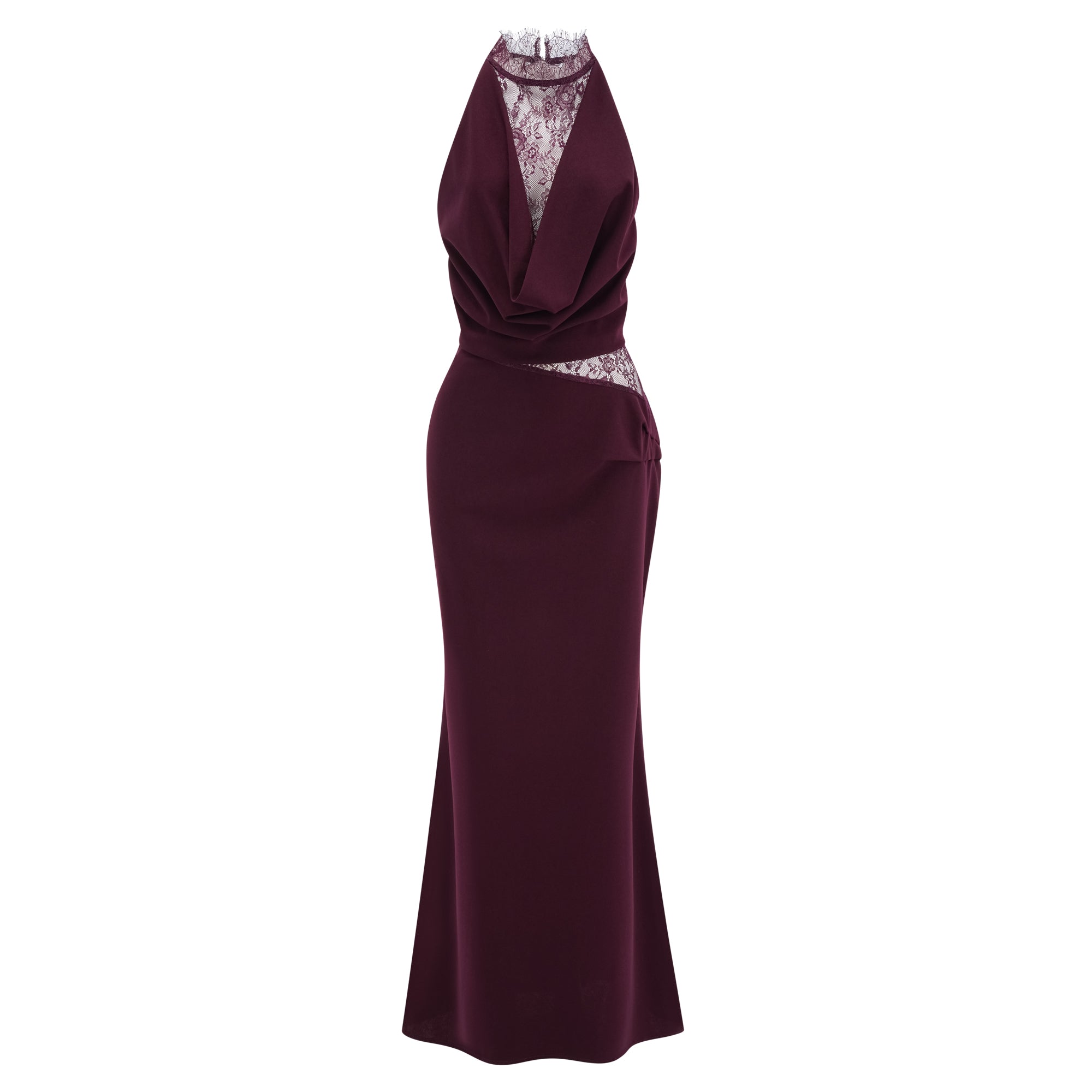 Gioconda Burgundy Halterneck Lace Panel Maxi Dress (Final Sale-US Only)