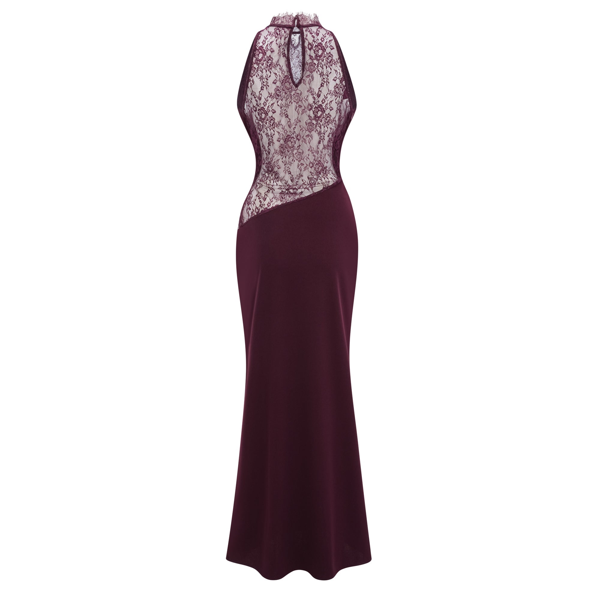 Gioconda Burgundy Halterneck Lace Panel Maxi Dress (Final Sale-US Only)