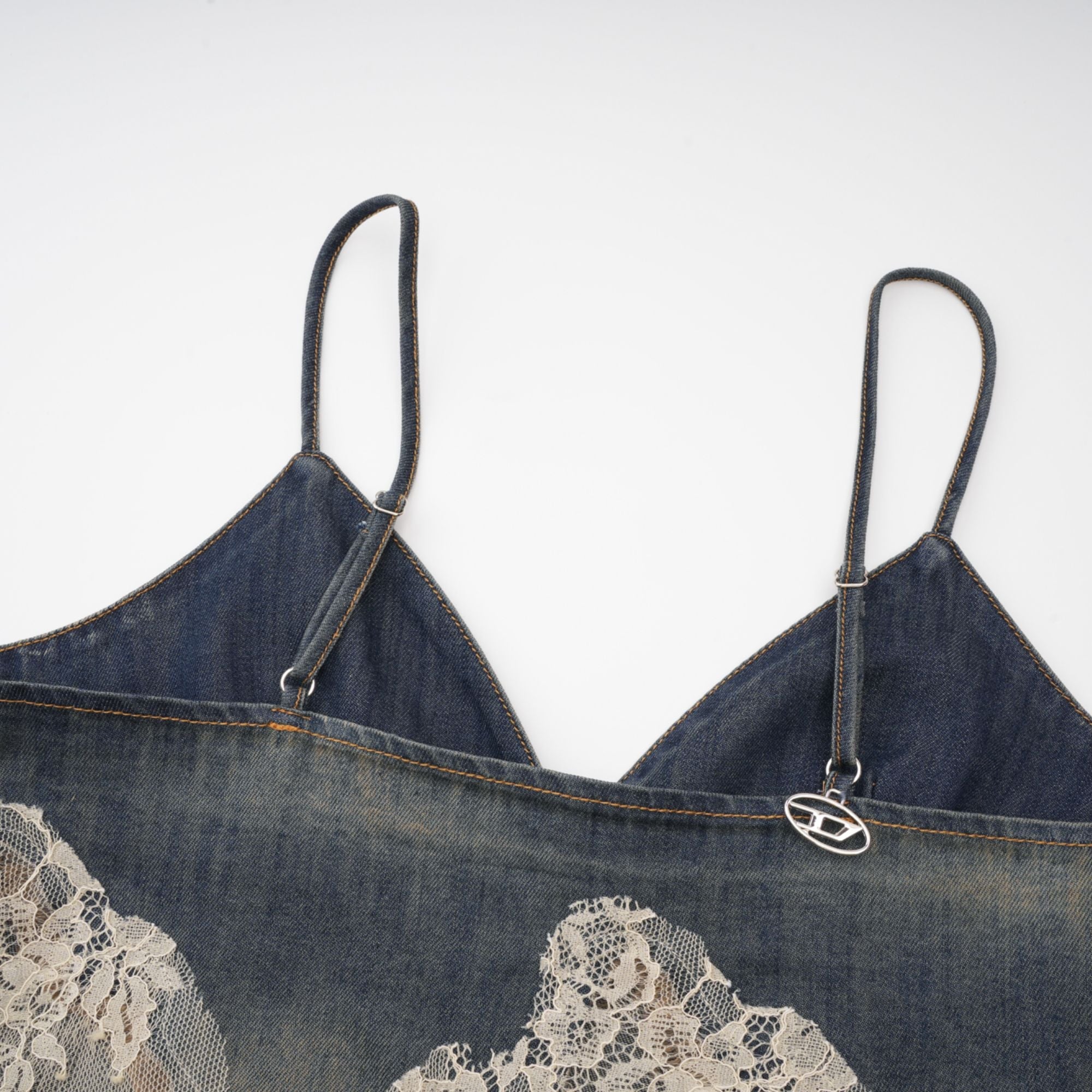 Blue denim camisole and matching skirt with delicate cream lace overlays