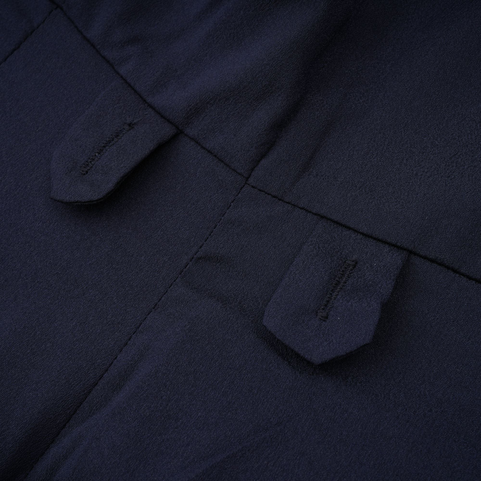 Navy blue short-sleeve maxi dress with a peplum jacket bodice and satin skirt