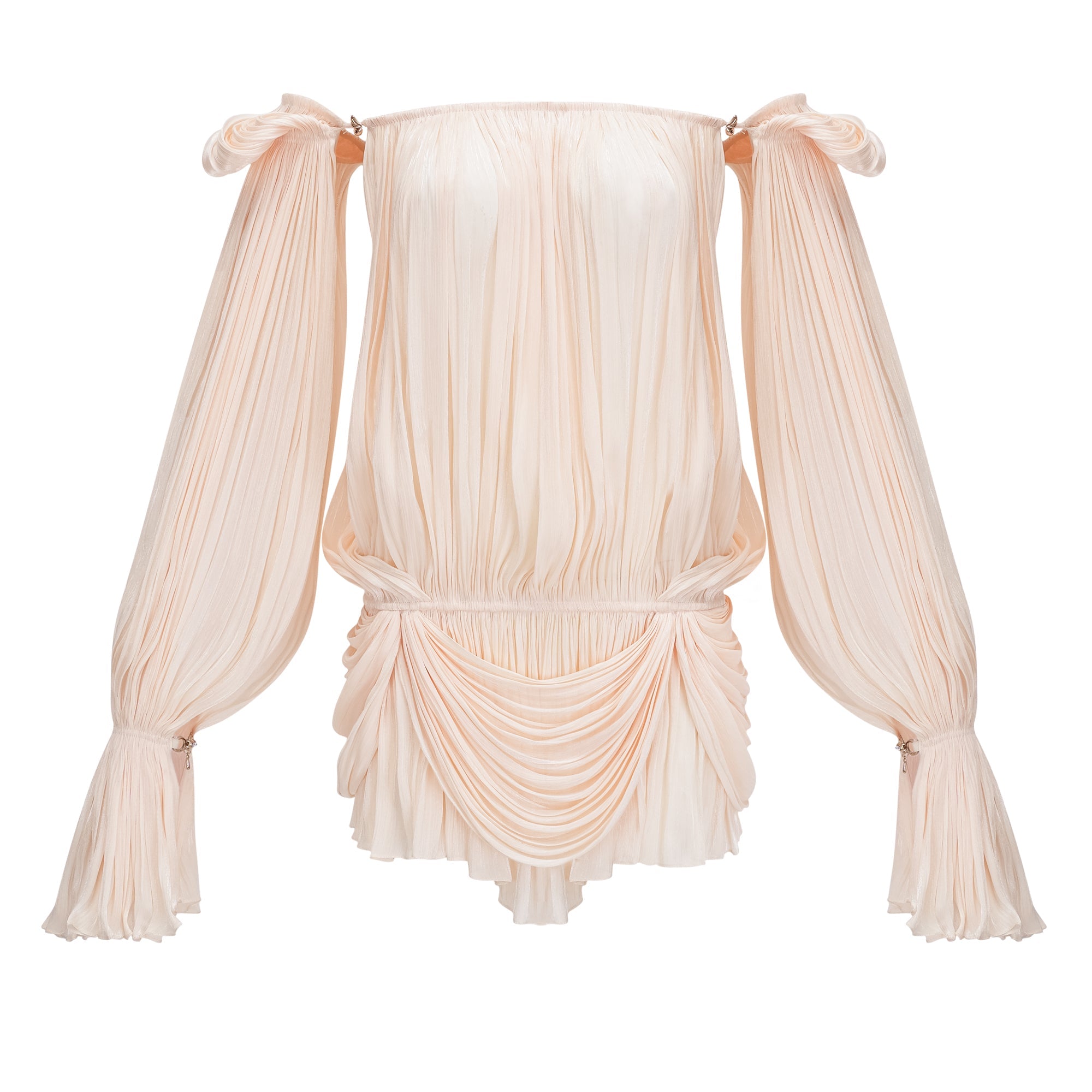 Cream plissé mini dress with a square neckline, structured puff sleeves, and a draped ruffled skirt