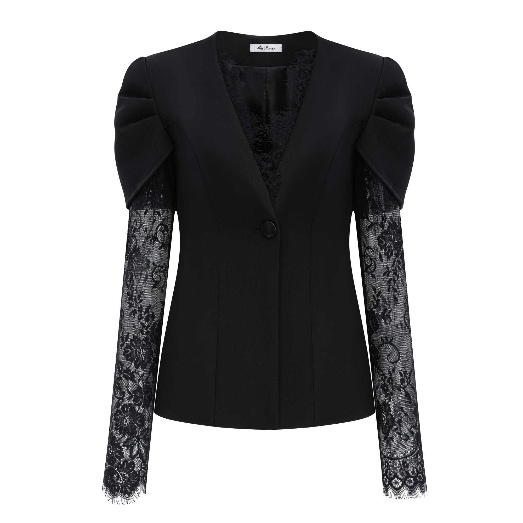 Saffron Black Collarless Blazer with Lace Trim (Final Sale-US Only)