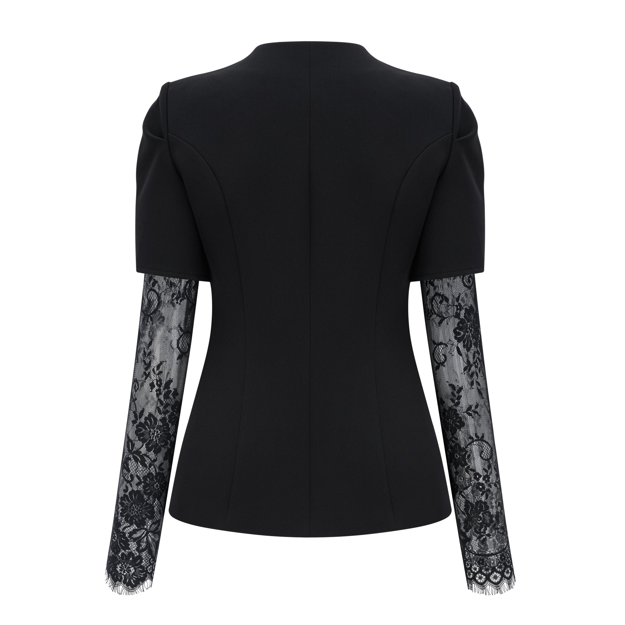 Saffron Black Collarless Blazer with Lace Trim