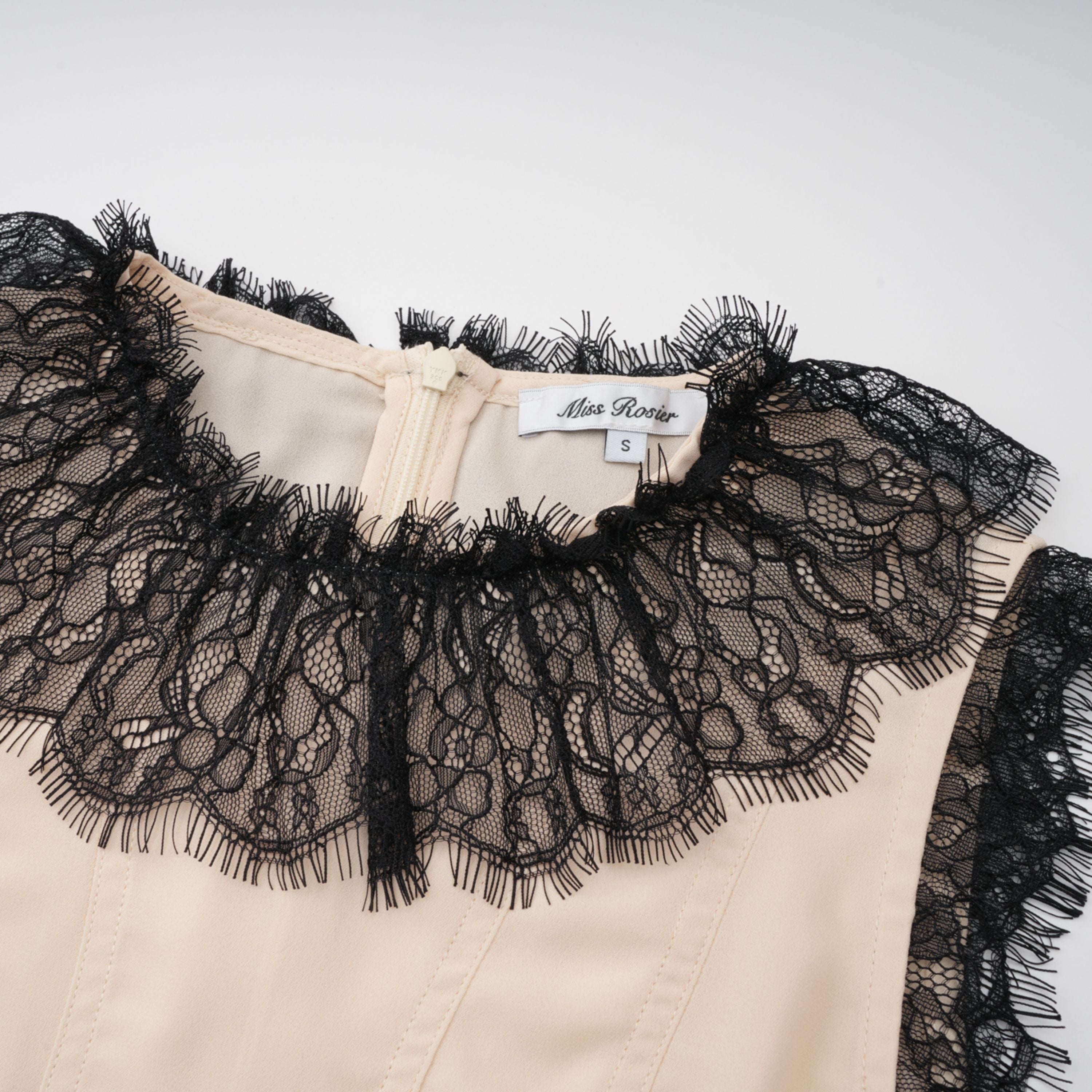 Zsófia Neutral Lace Panel Chiffon Top & Skirt Matching Set (Final Sale)