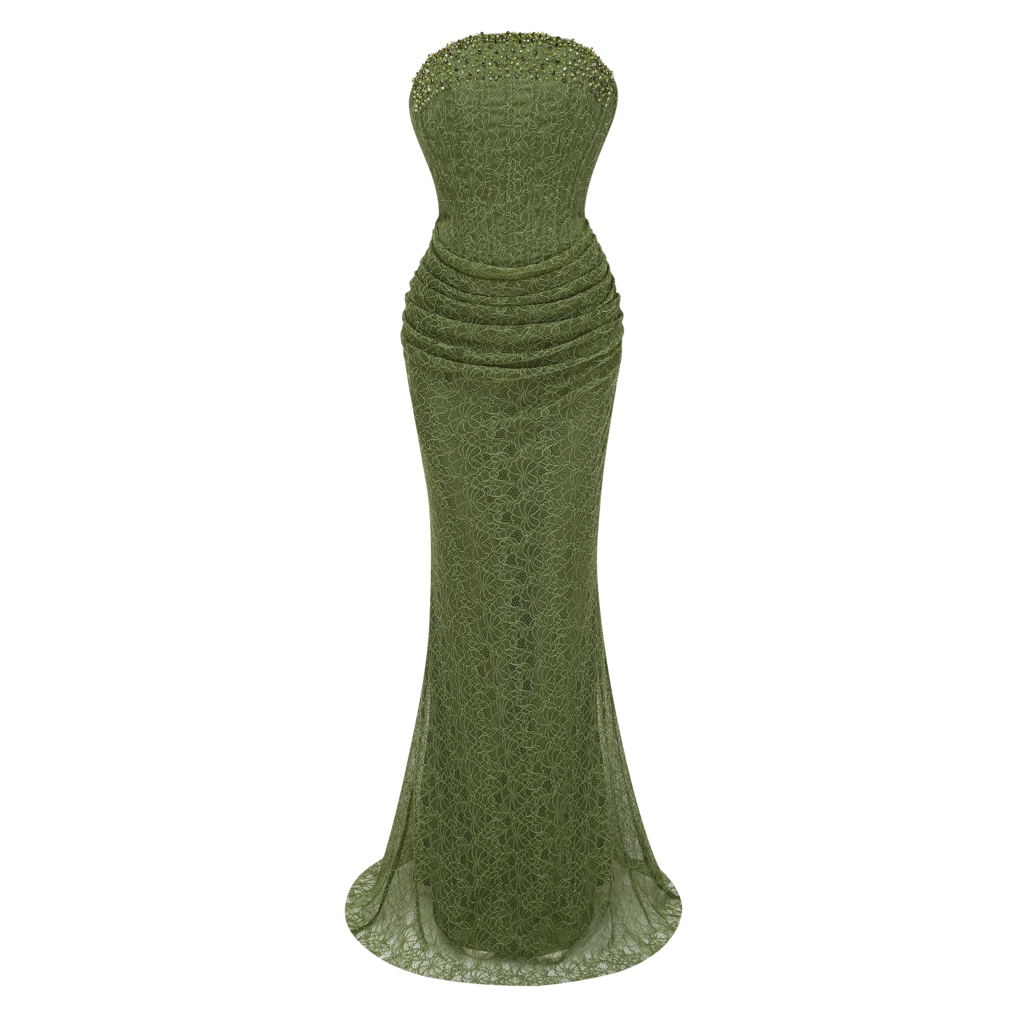 Sage green strapless maxi dress featuring a beaded neckline and draped corset bodice