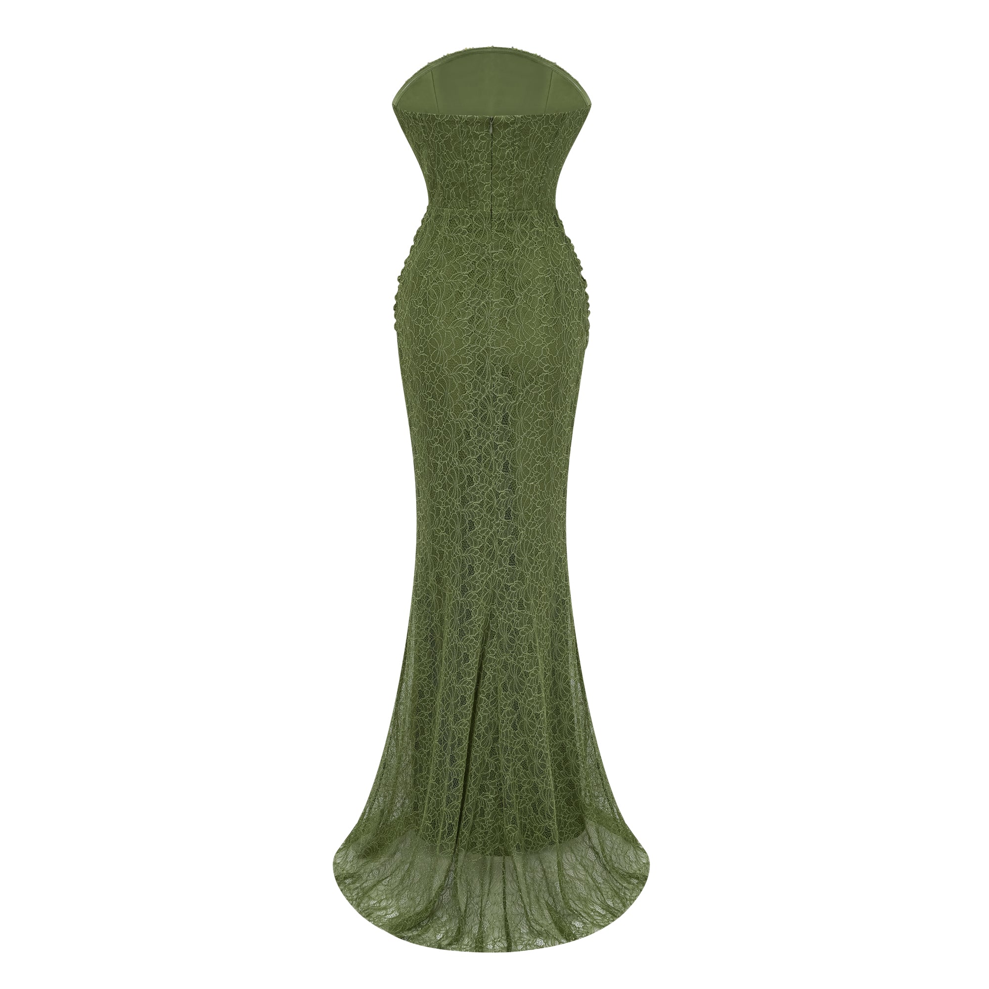 Sage green strapless maxi dress featuring a beaded neckline and draped corset bodice