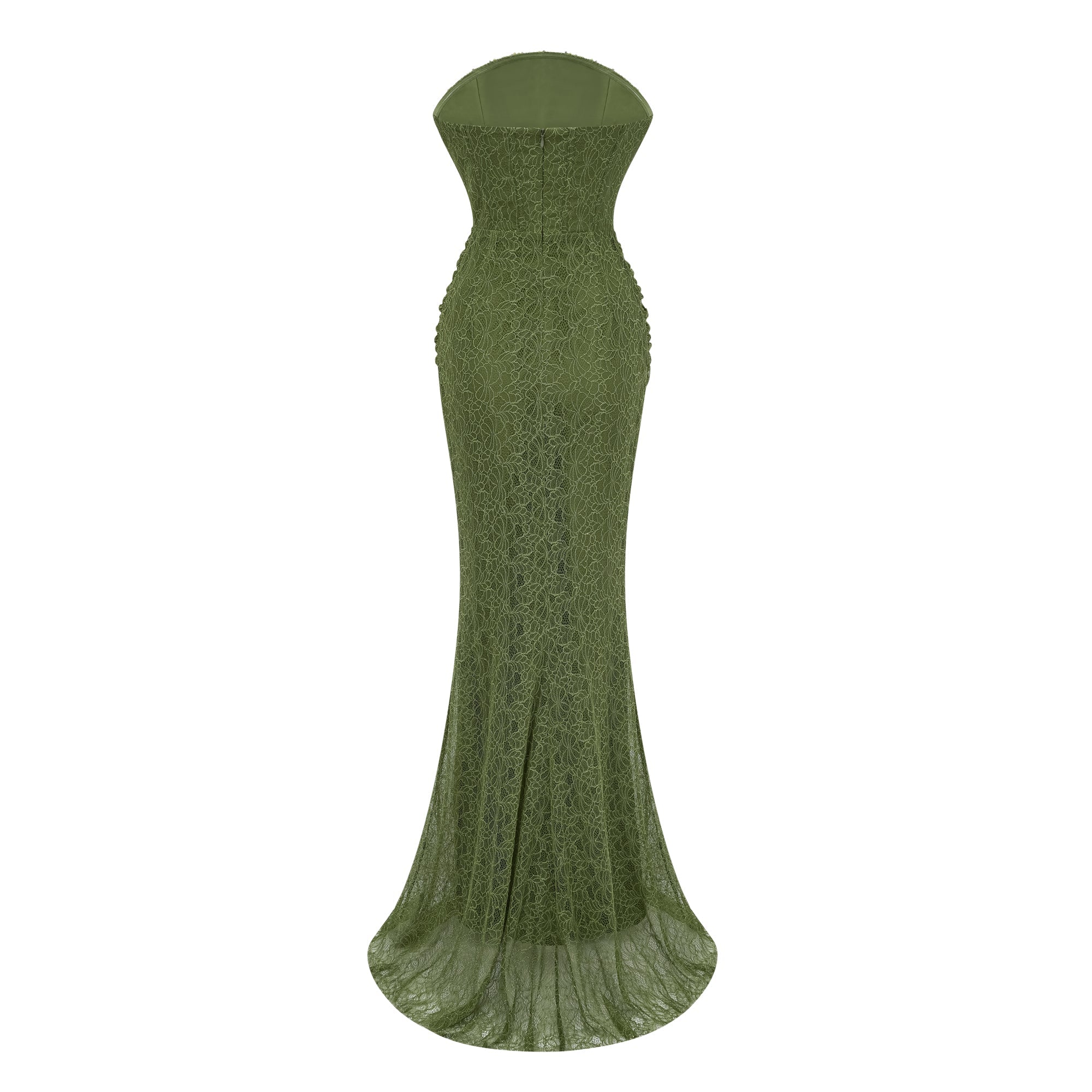 Sage green strapless maxi dress featuring a beaded neckline and draped corset bodice