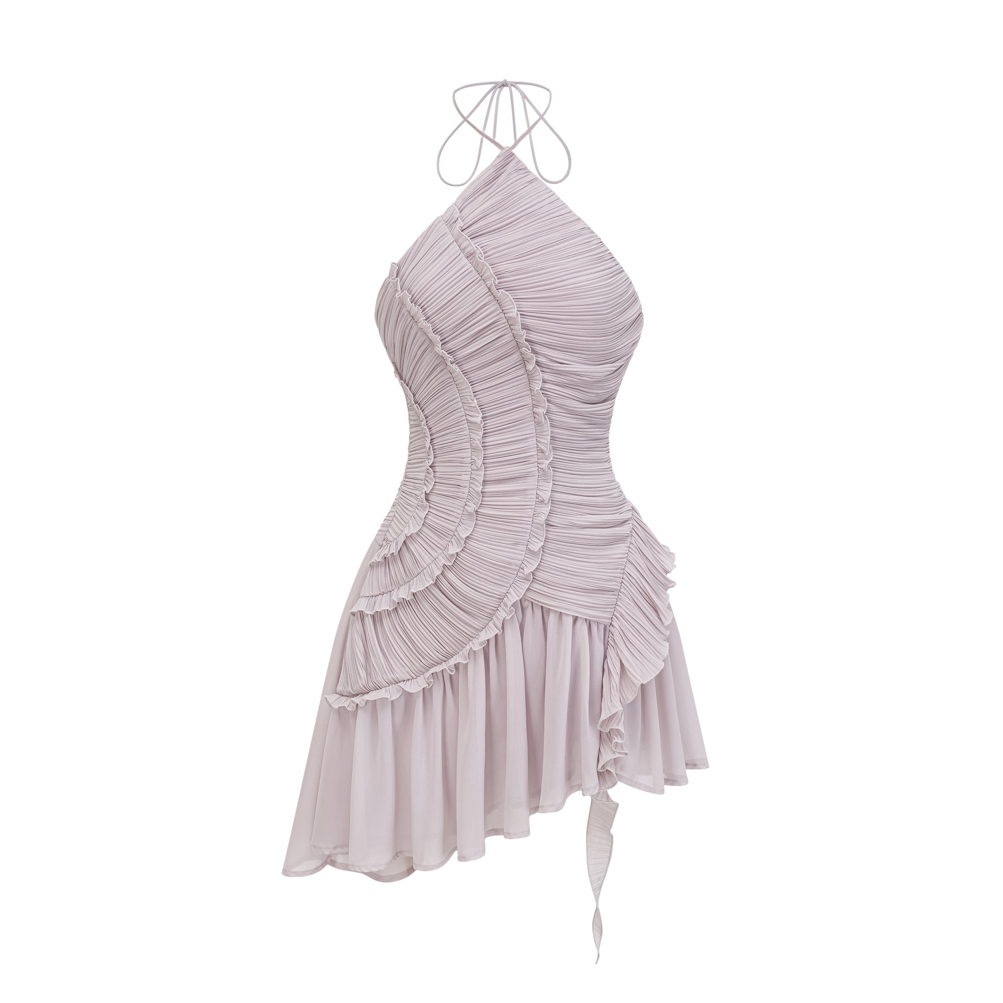 Mauve pleated halter mini dress with ruffles