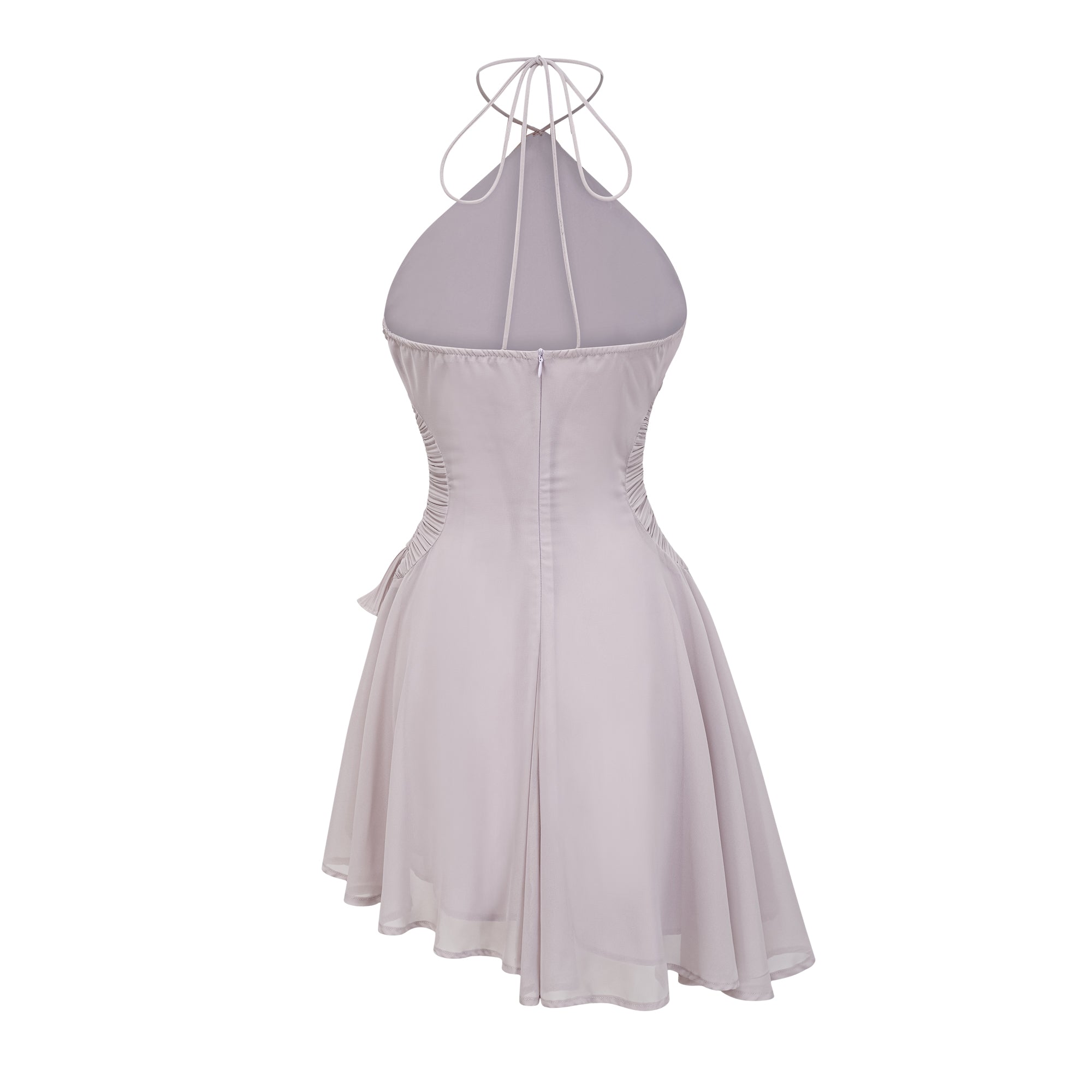 Mauve pleated halter mini dress with ruffles