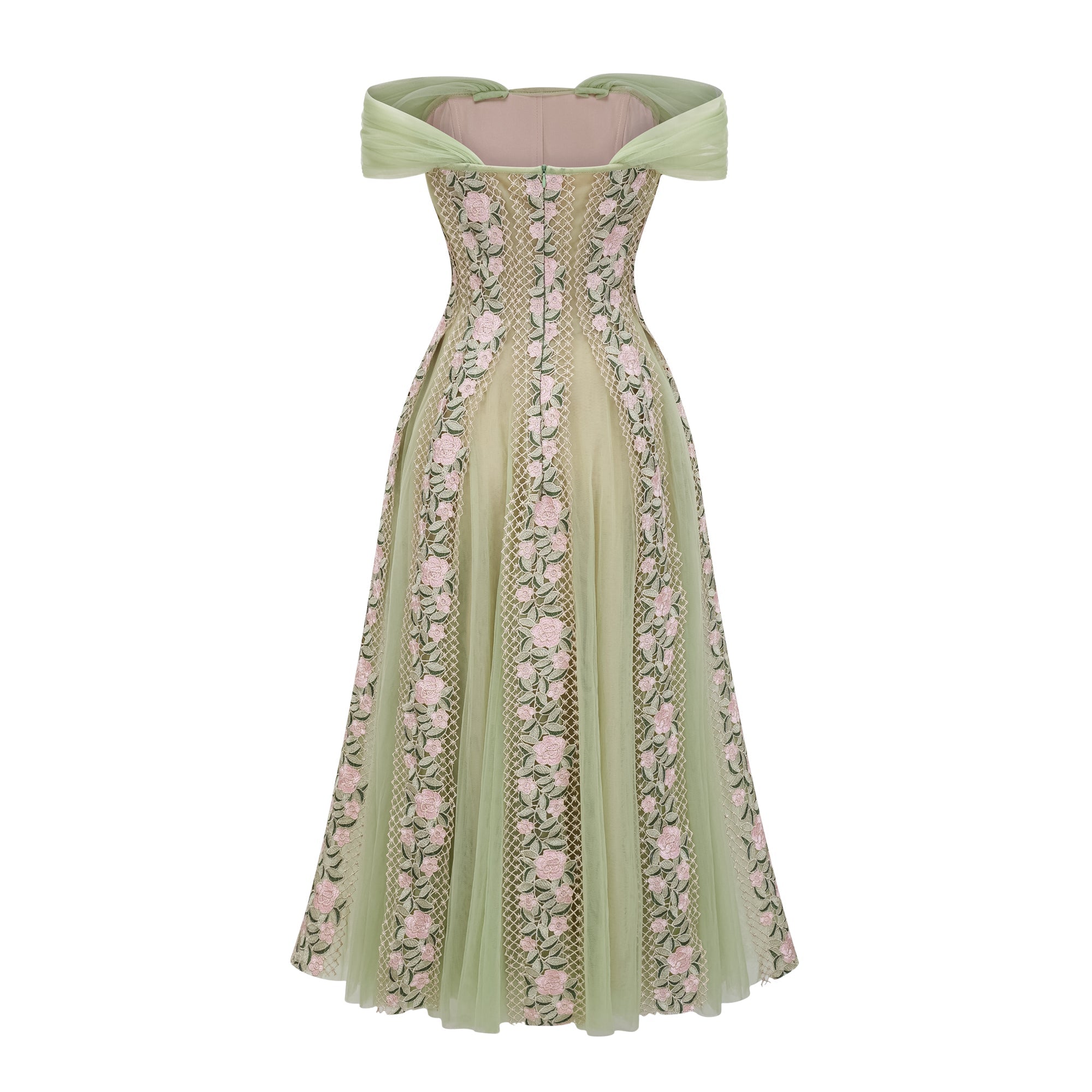 Eleni Green Tulle Panel Floral Midi Dress (Final Sale-US Only)