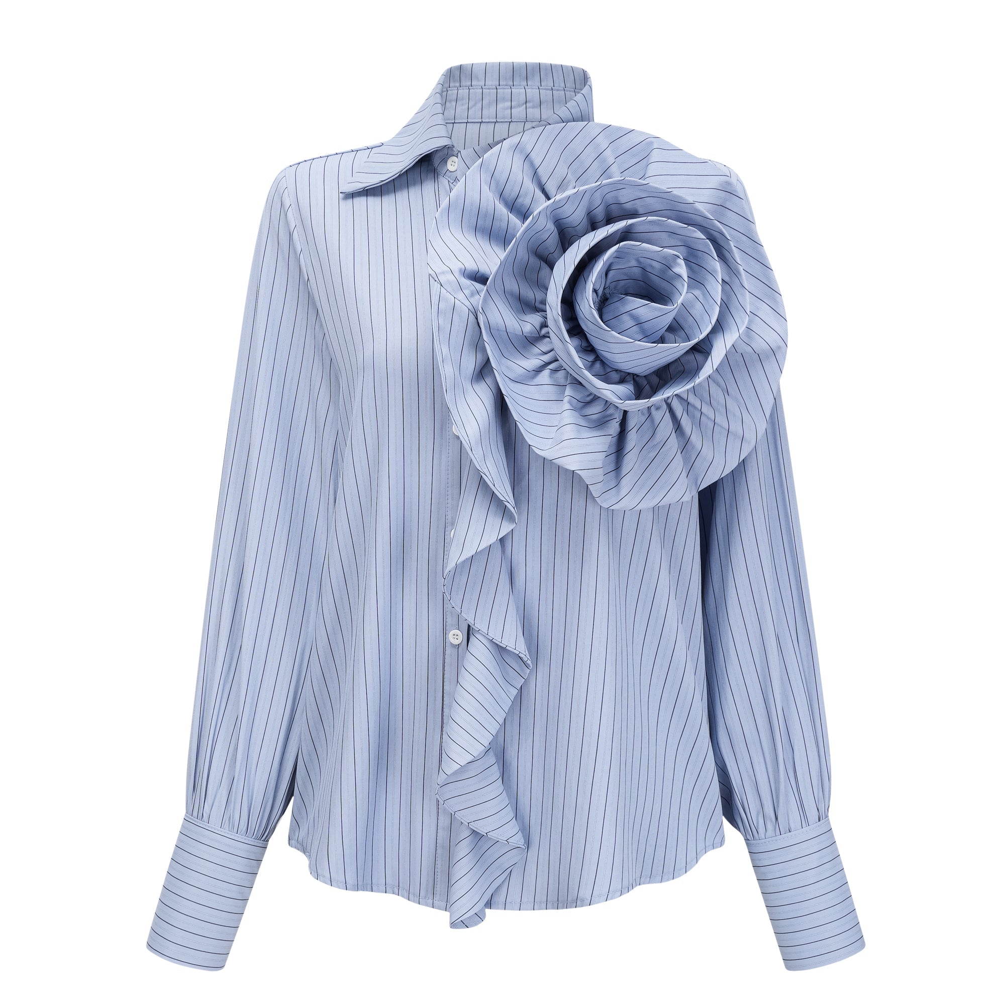 Chemise bleue à rayures fines et motifs pétales en 3D