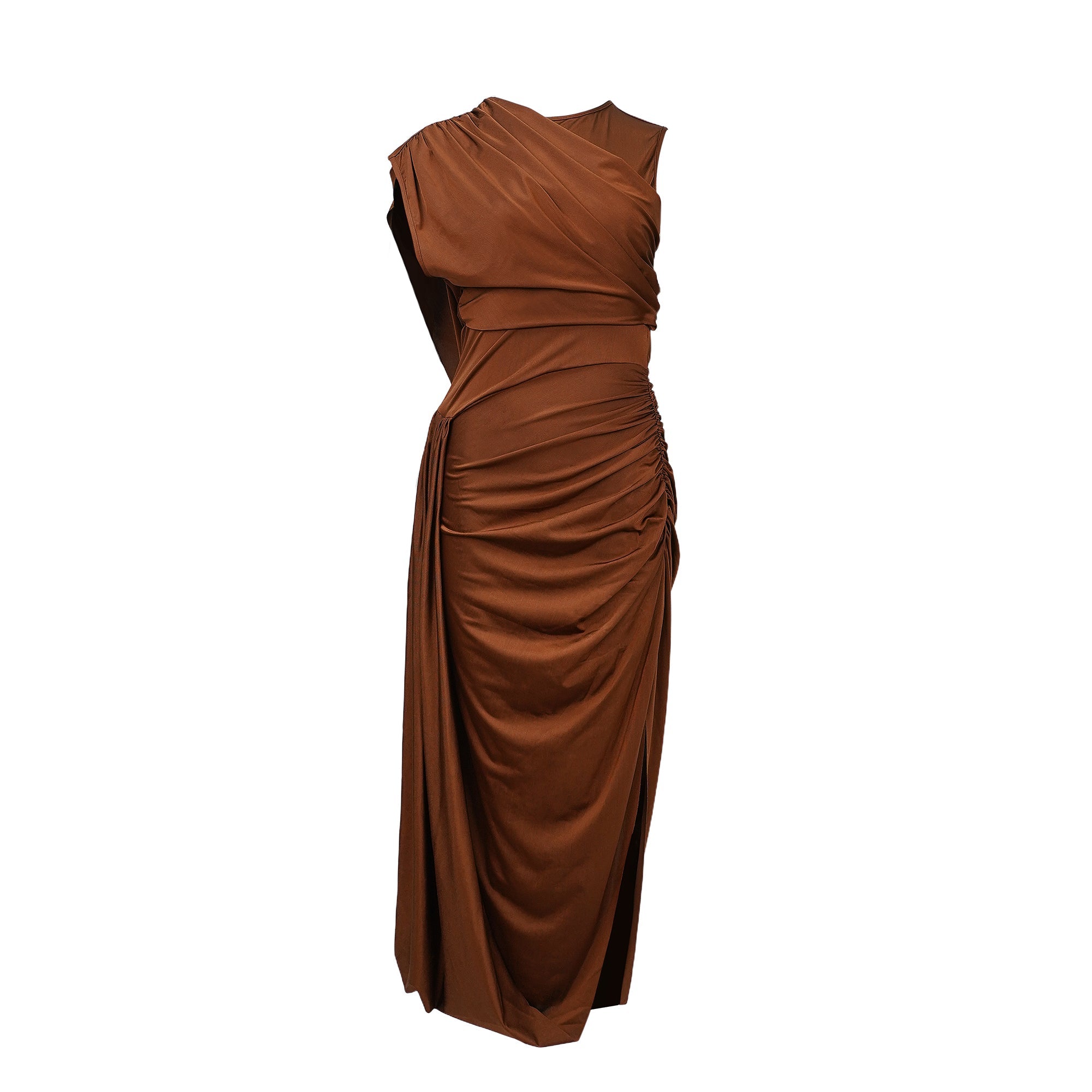 Reine Brown Asymmetrical Ruched Maxi Dress (Final Sale)