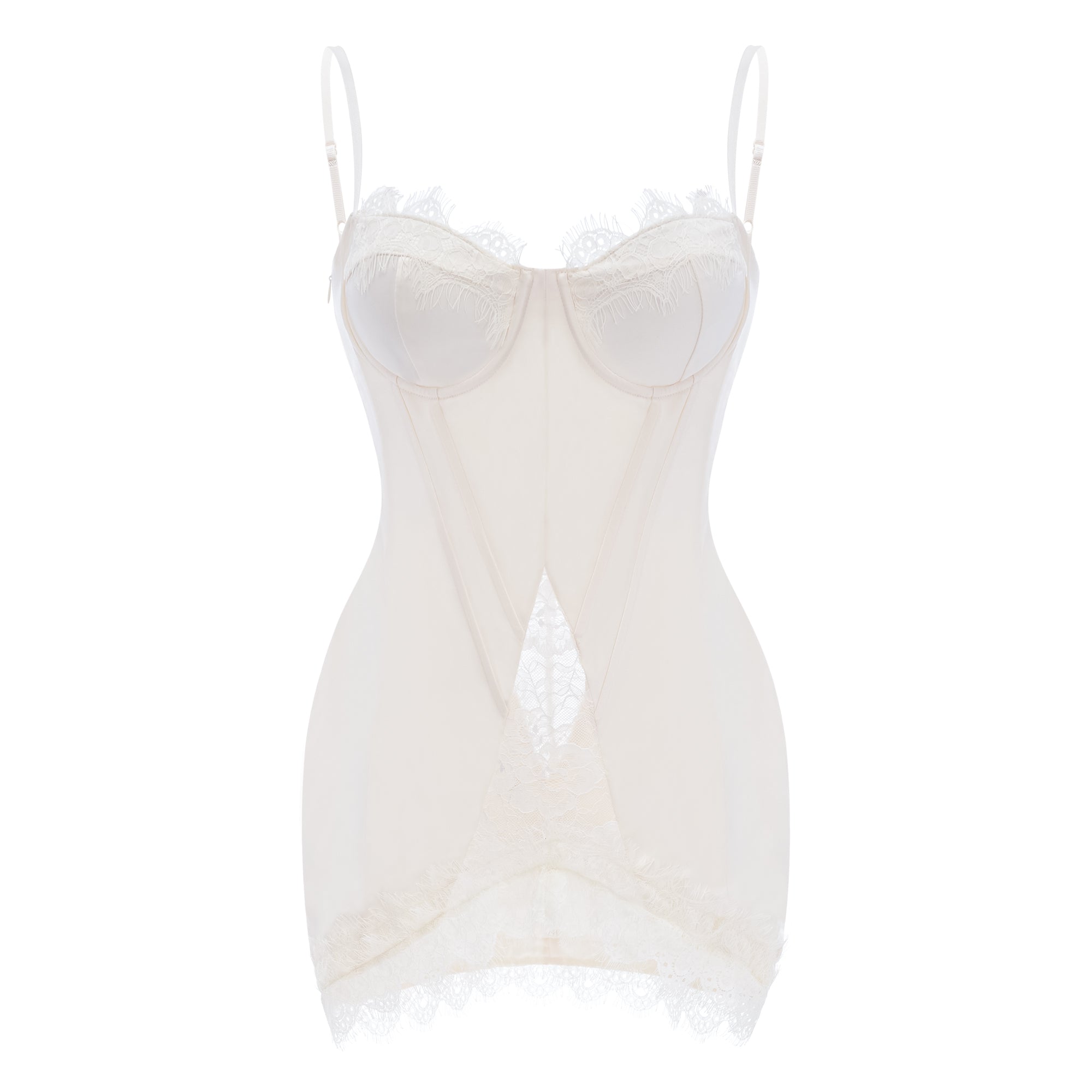 White satin corset mini dress with lace inserts and trim