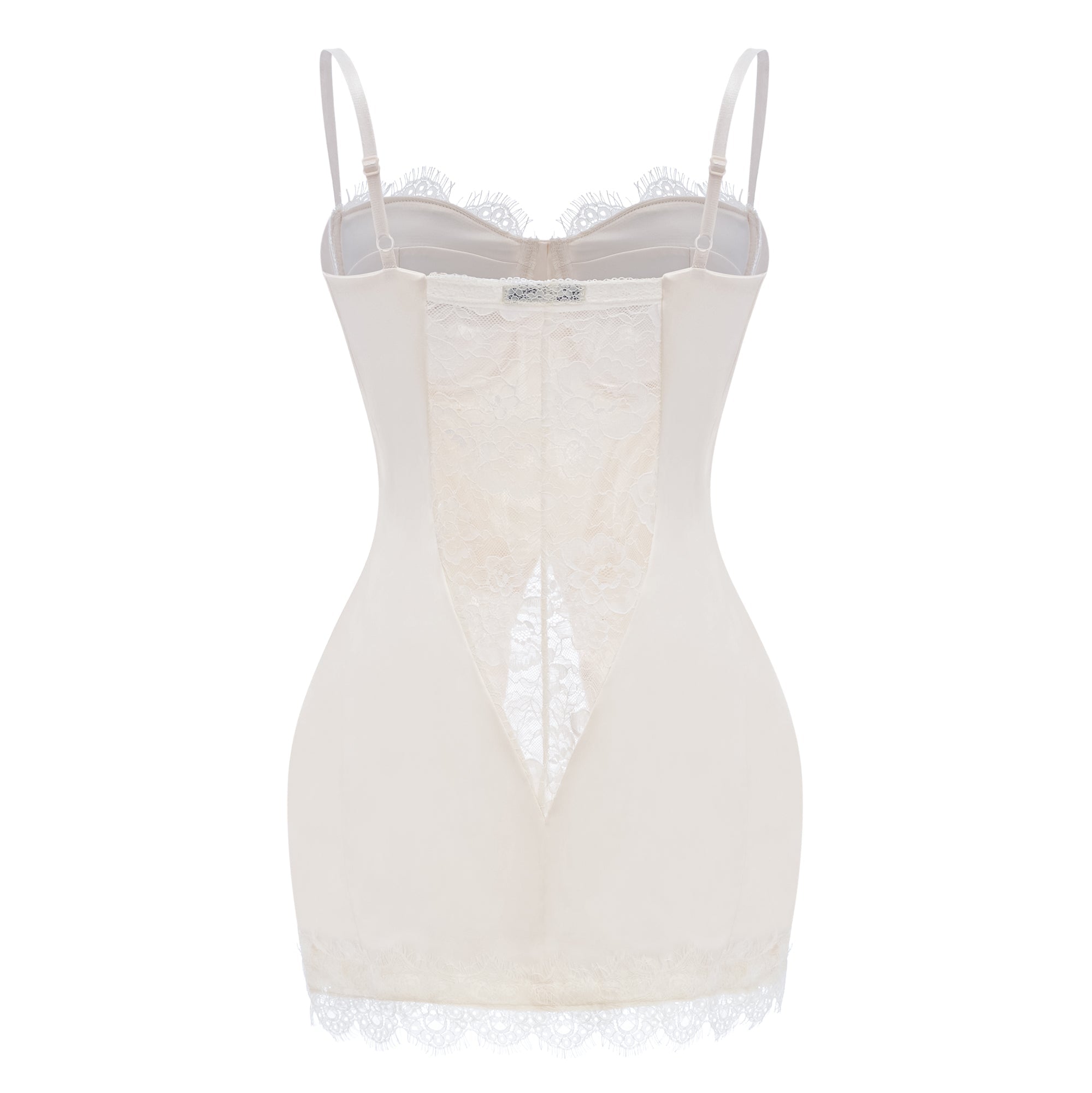 White satin corset mini dress with lace inserts and trim