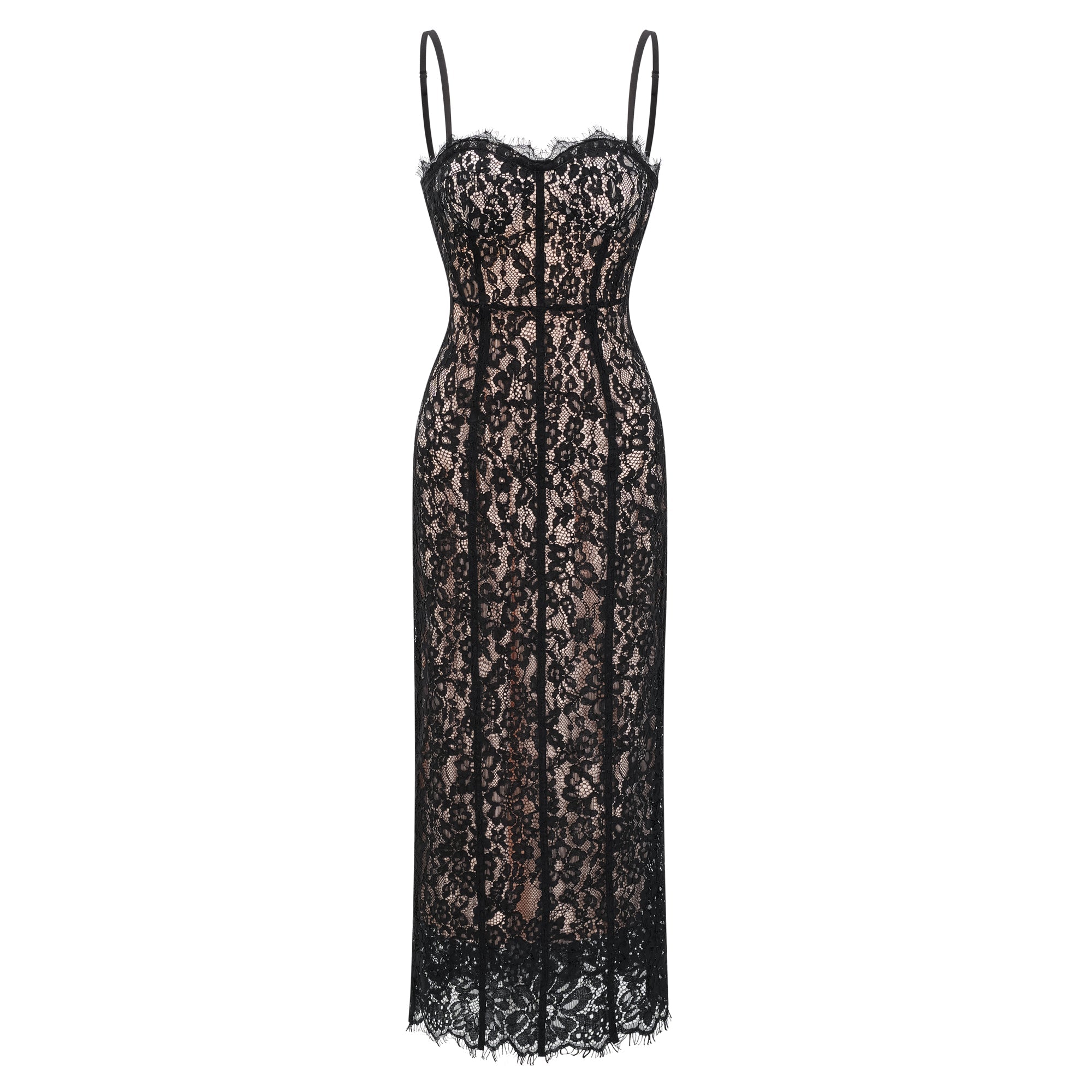 Robe longue corsetée en dentelle à motifs floraux