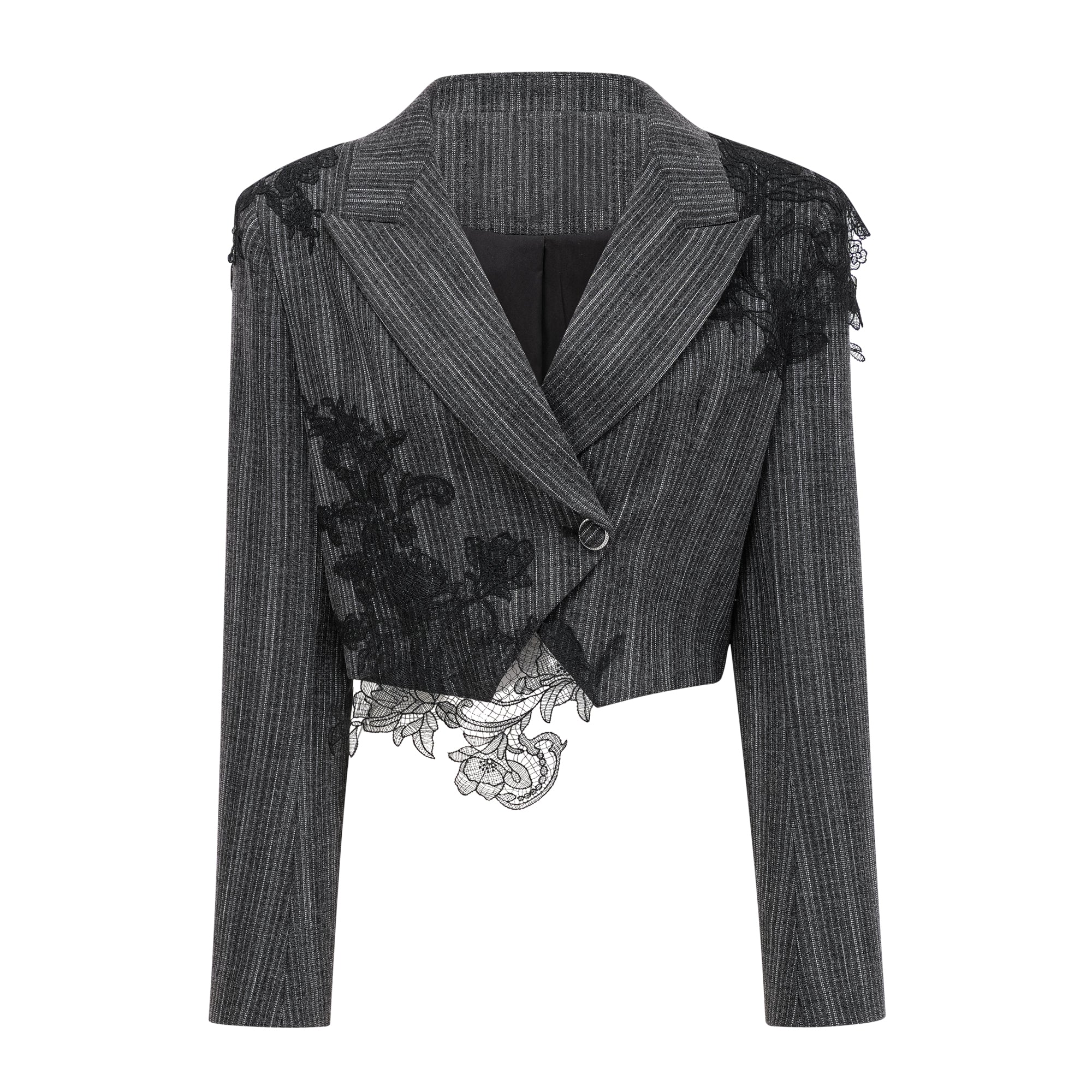 Ensemble blazer et jupe à rayures avec appliqués floraux Sidonie Grey (Vente définitive - États-Unis uniquement)