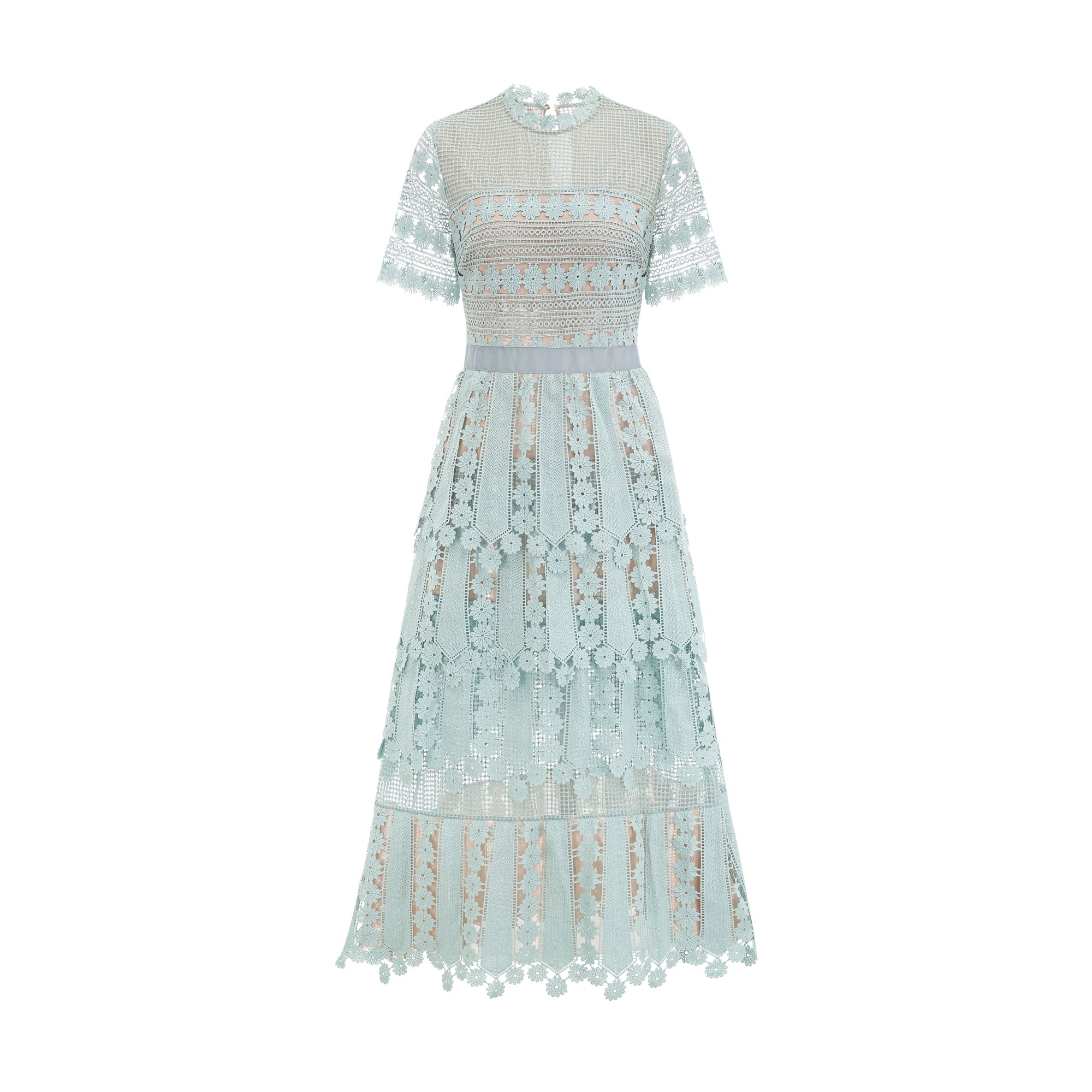 Light blue short-sleeve lace midi dress with a tiered skirt