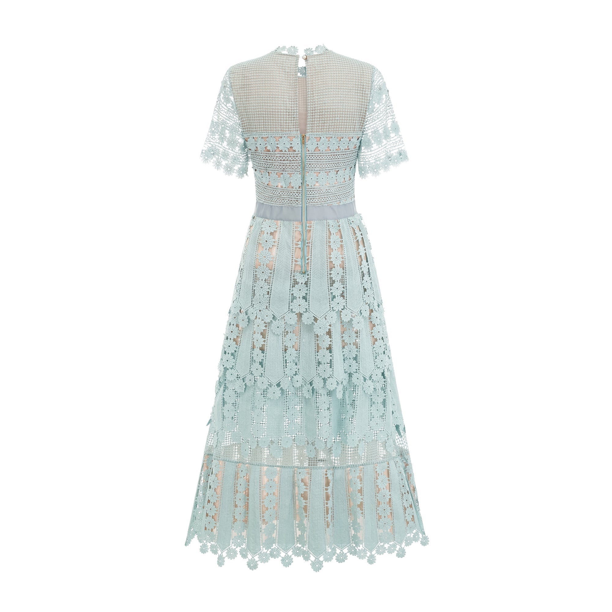 Light blue short-sleeve lace midi dress with a tiered skirt