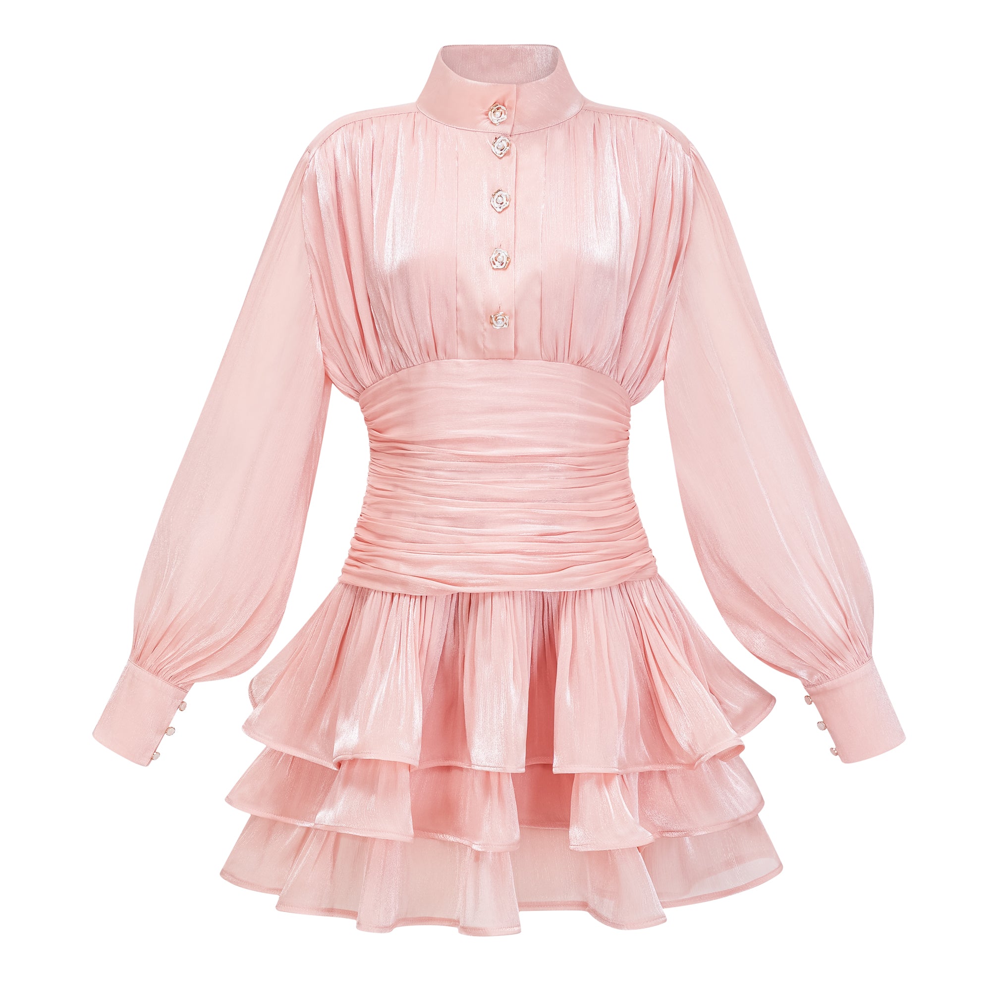 Mini-robe rose à col montant et volants