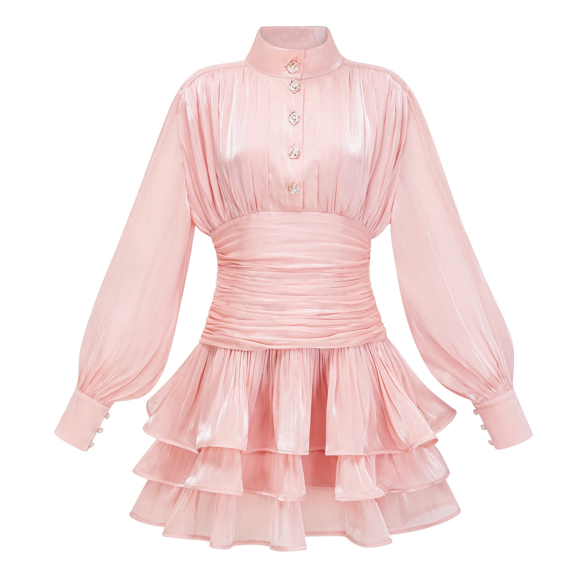 Pink High-Neck Ruffled Mini Dress