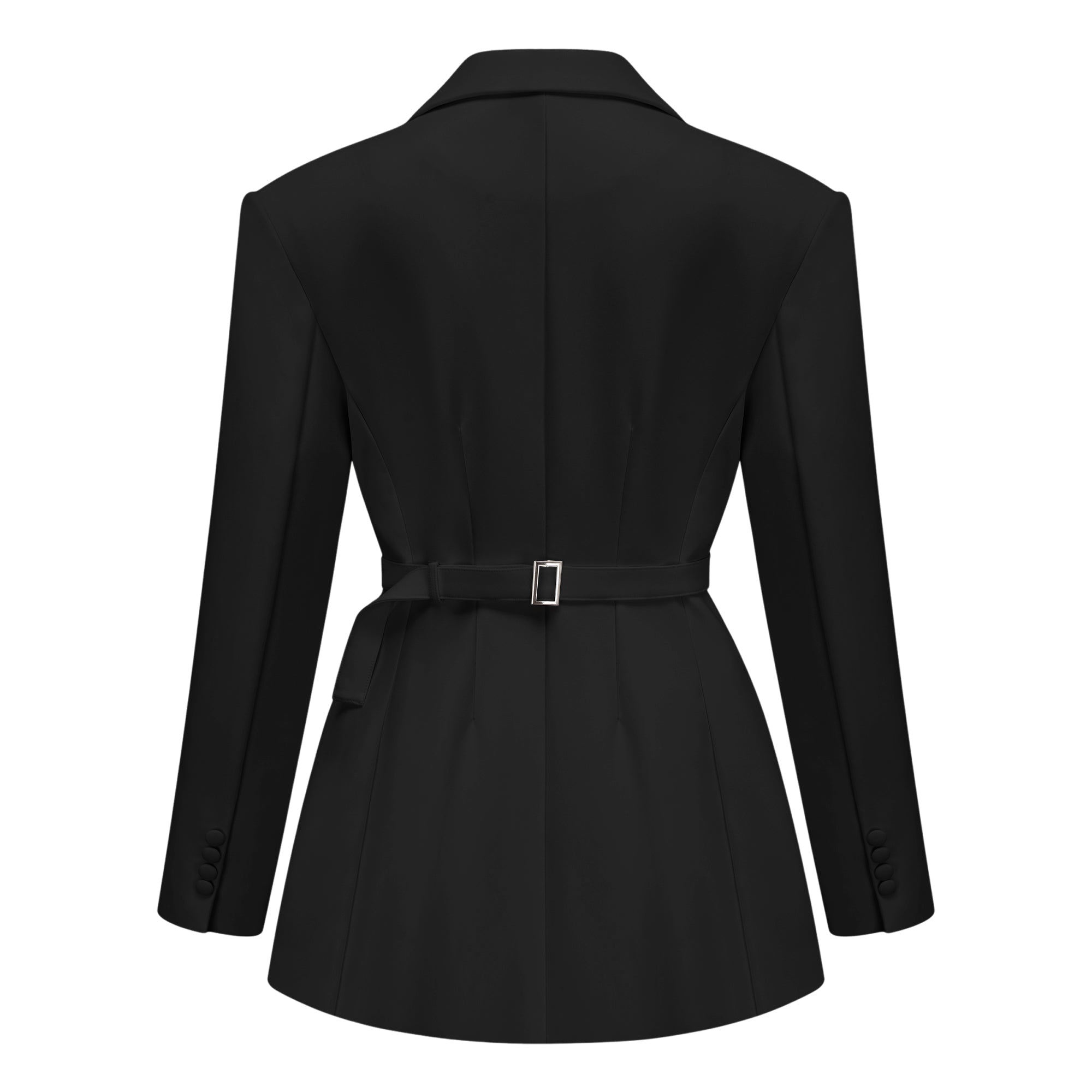 Black double-breasted blazer dress with structured shoulders and a matching neck tie