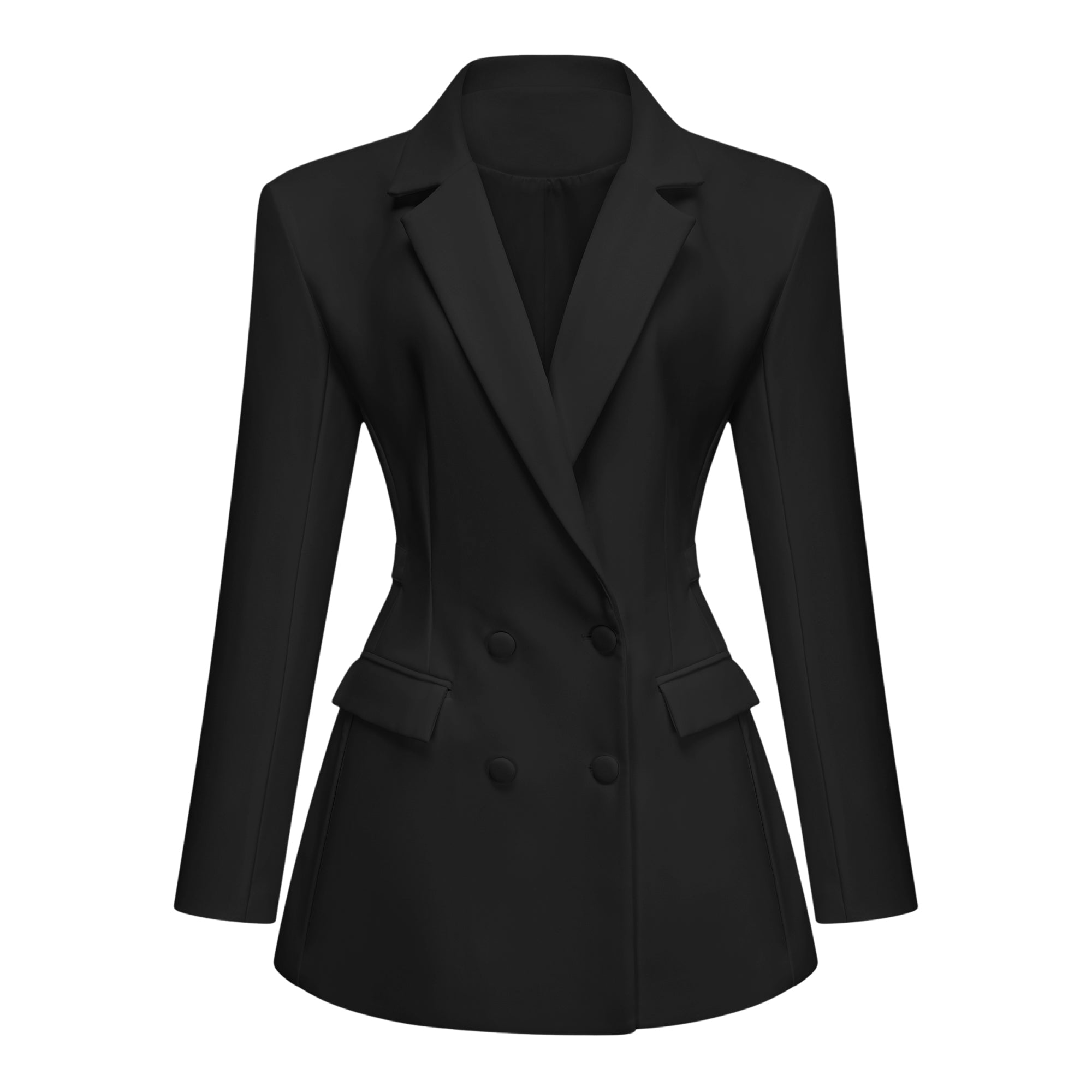 Black double-breasted blazer dress with structured shoulders and a matching neck tie