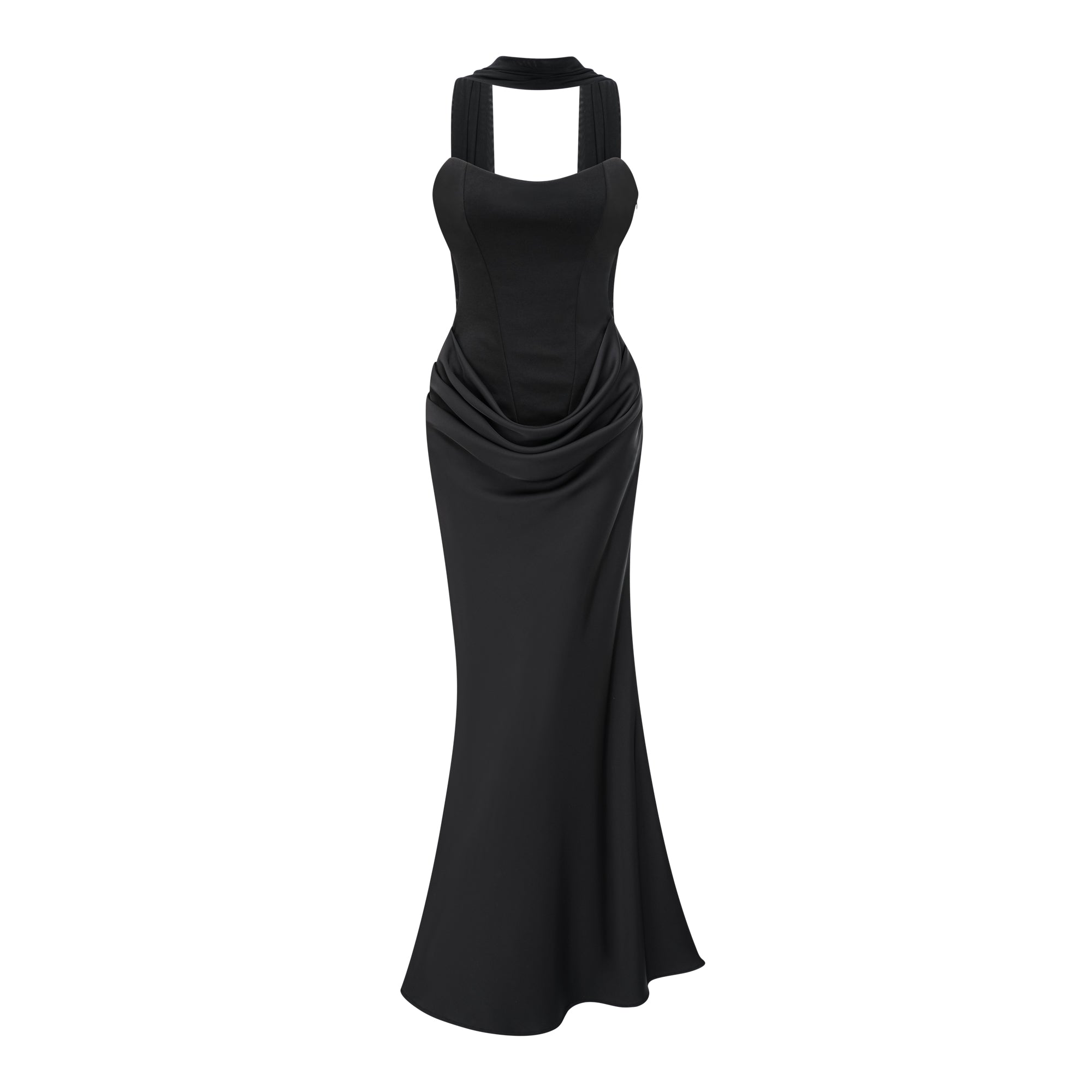 Black Strapless Satin Cowl Gown