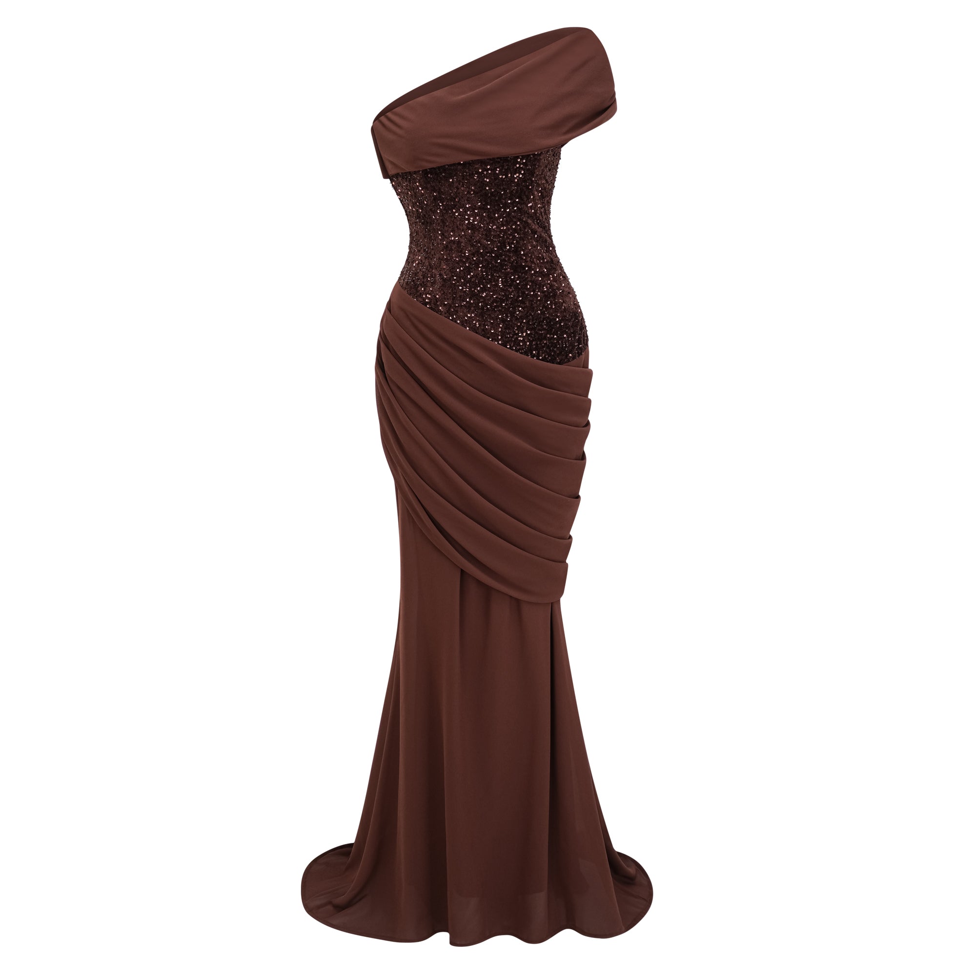 Giada Brown Sequined Asymmetrical Ruched Maxi Gown (Final Sale-US Only)
