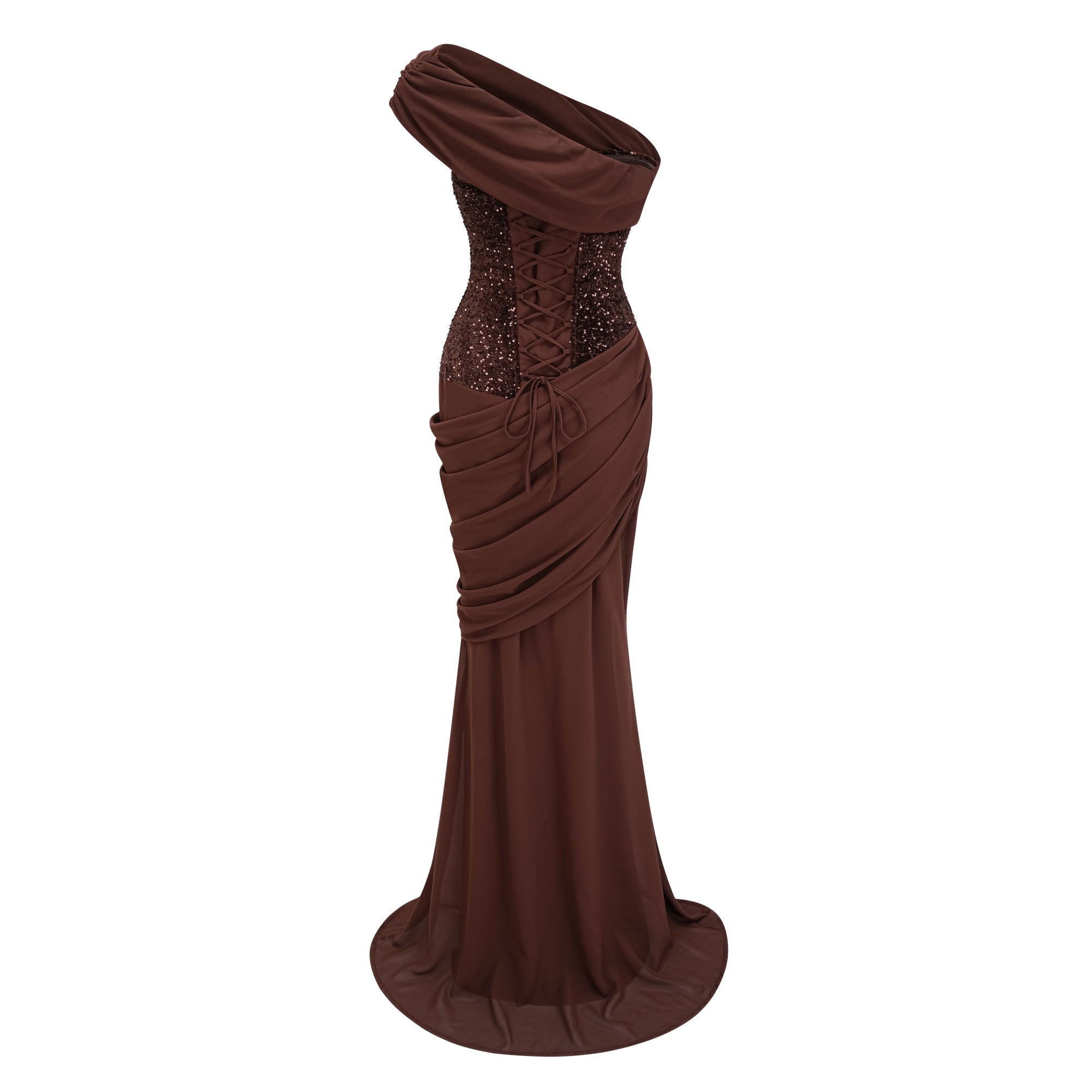 Giada Brown Sequined Asymmetrical Ruched Maxi Gown (Final Sale-US Only)