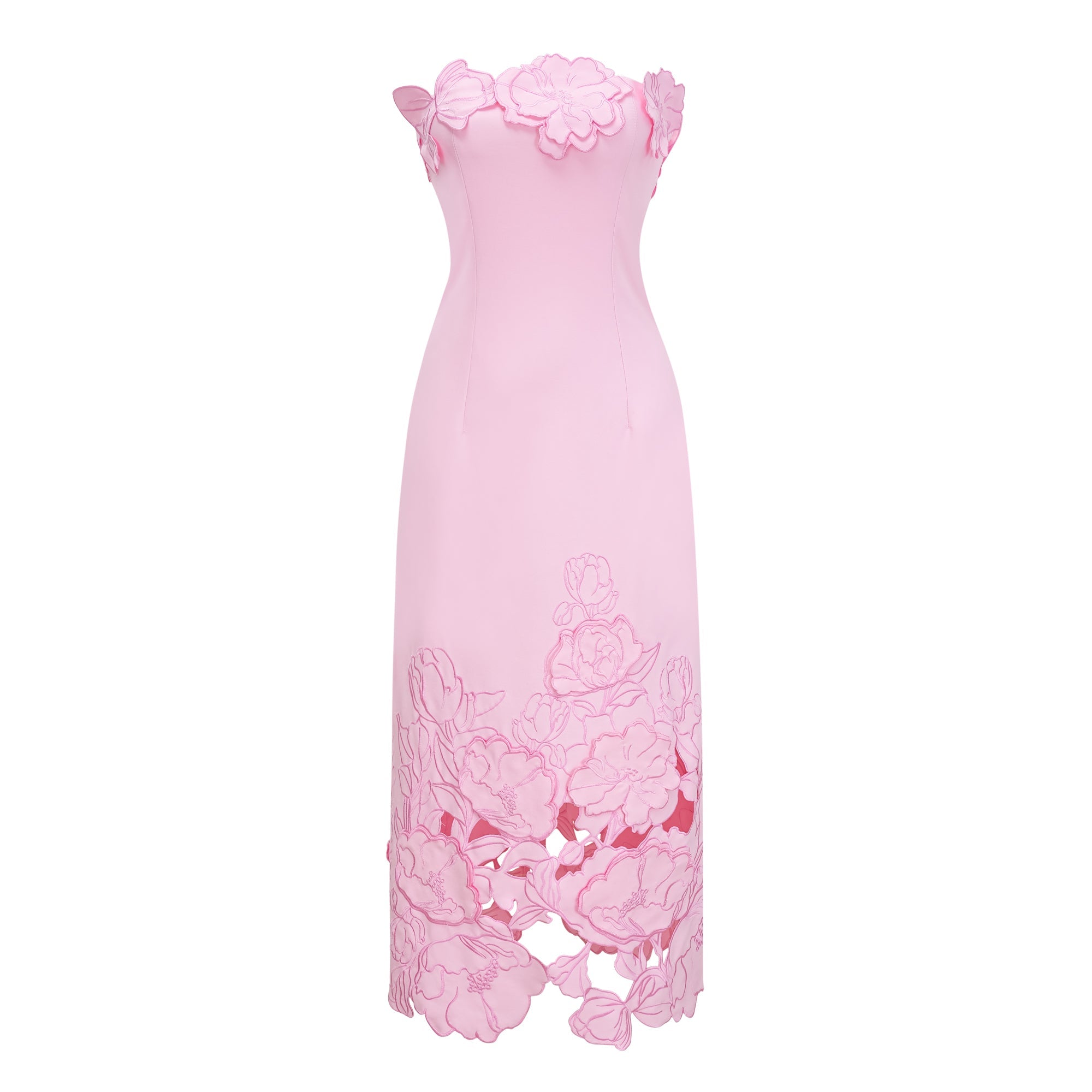 Pink strapless midi dress with a cutout floral hem