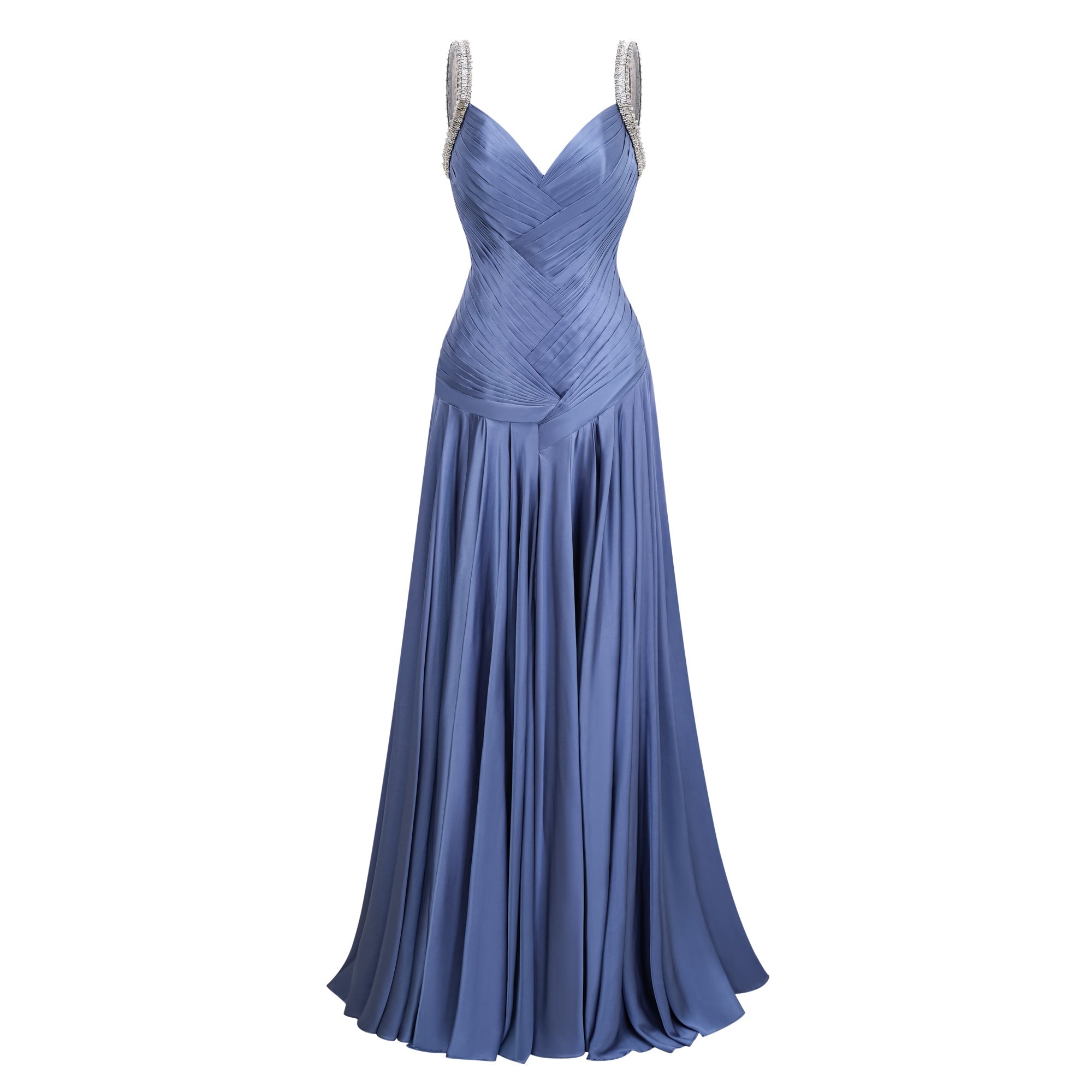 Angelína Blue Diagonal Pleated Gathered Maxi Gown (Final Sale-US Only)