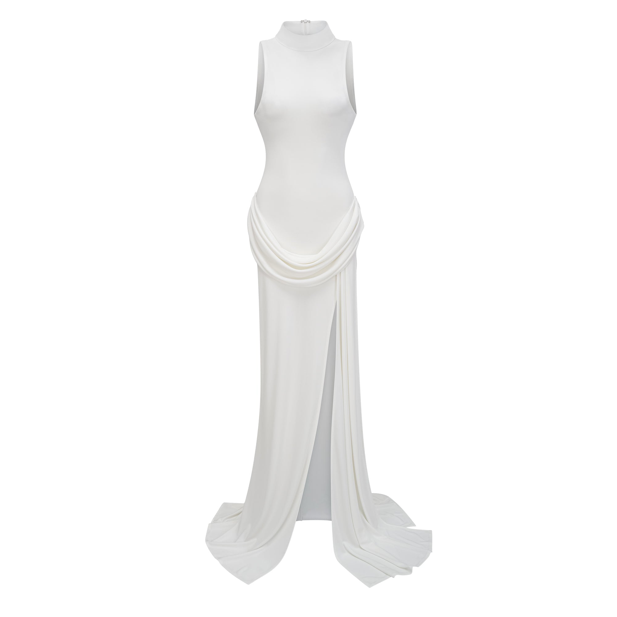 Mystérieuse White Turtleneck Draped Maxi Dress (Final Sale)