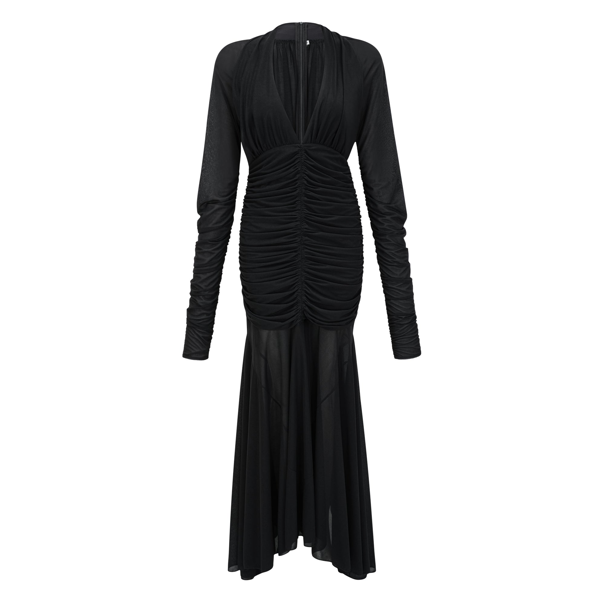 Robe longue en maille transparente froncée Greta Black (Vente définitive)