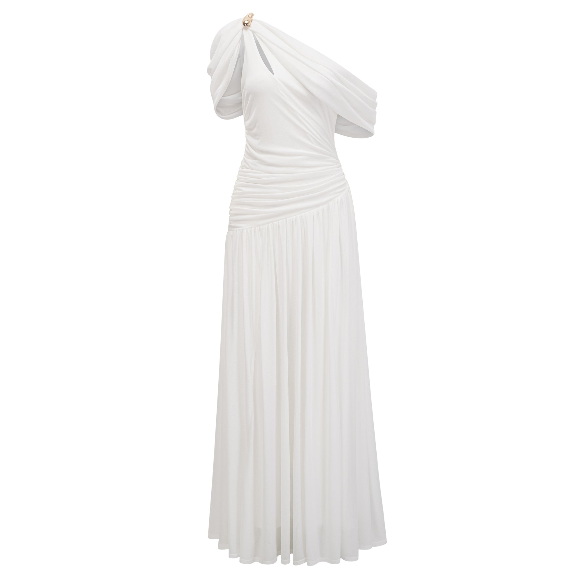 Robe longue froncée asymétrique Sigrun White (Vente définitive - États-Unis uniquement)