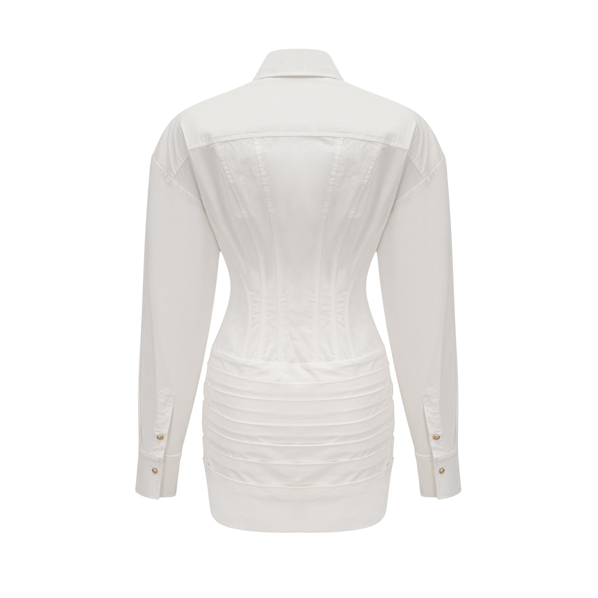 White long-sleeve corset shirt dress with a draped mini skirt
