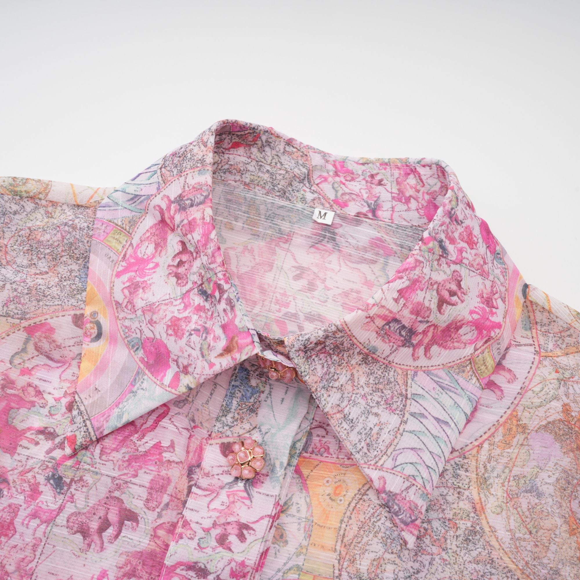 Cherry pink pattern-print shirt & skirt matching set(Final Sale)