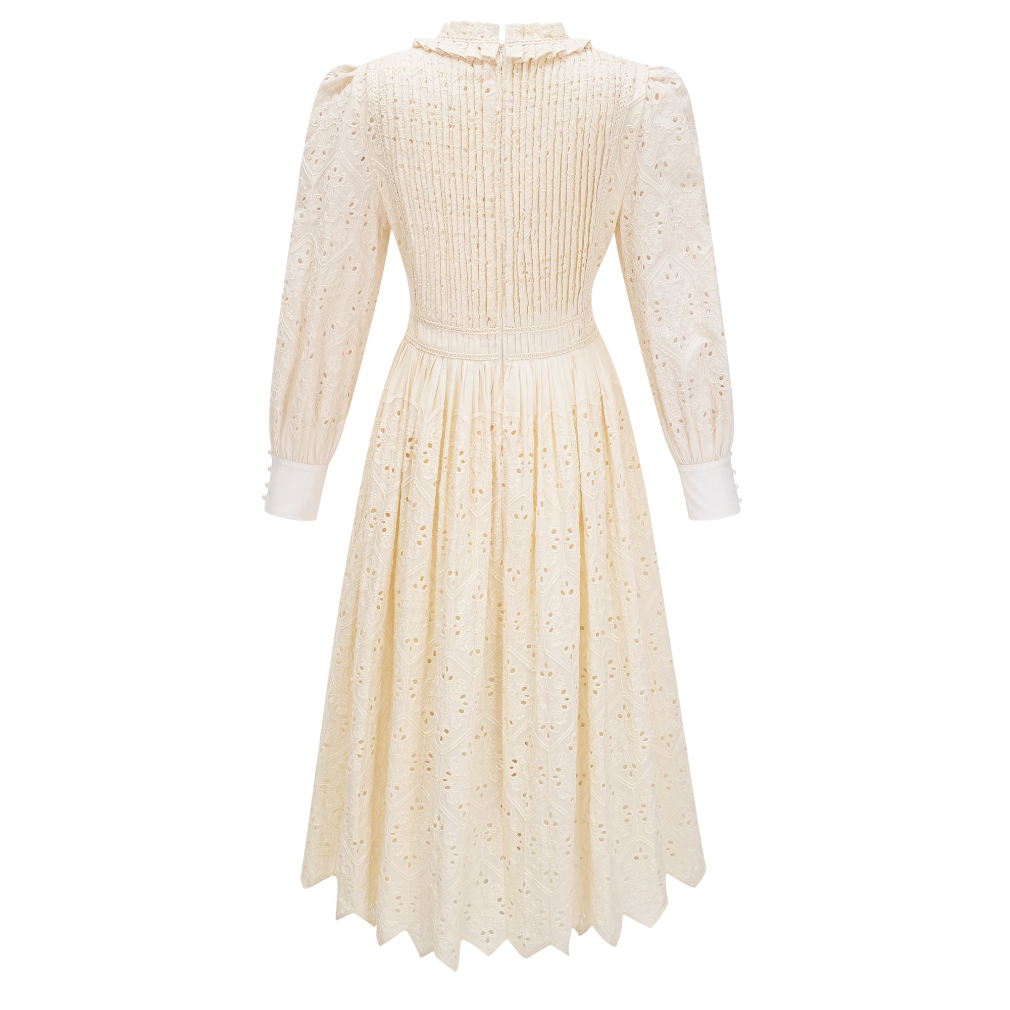 Isabeau Neutral Floral Embroidered Pleated Midi Dress (Final Sale-US Only)
