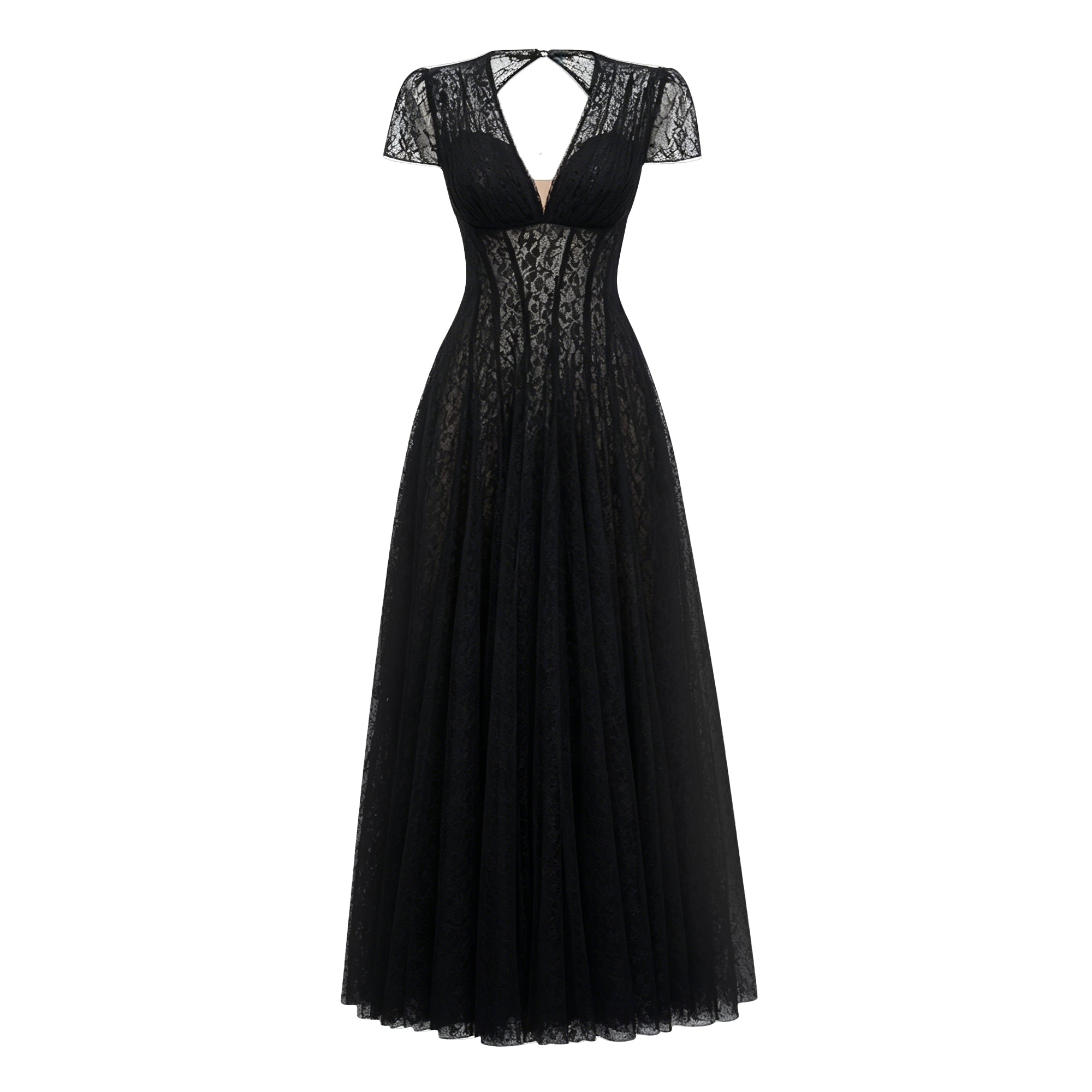 Radiya Black Floral Lace Pleated Maxi Dress (Final Sale-US Only)