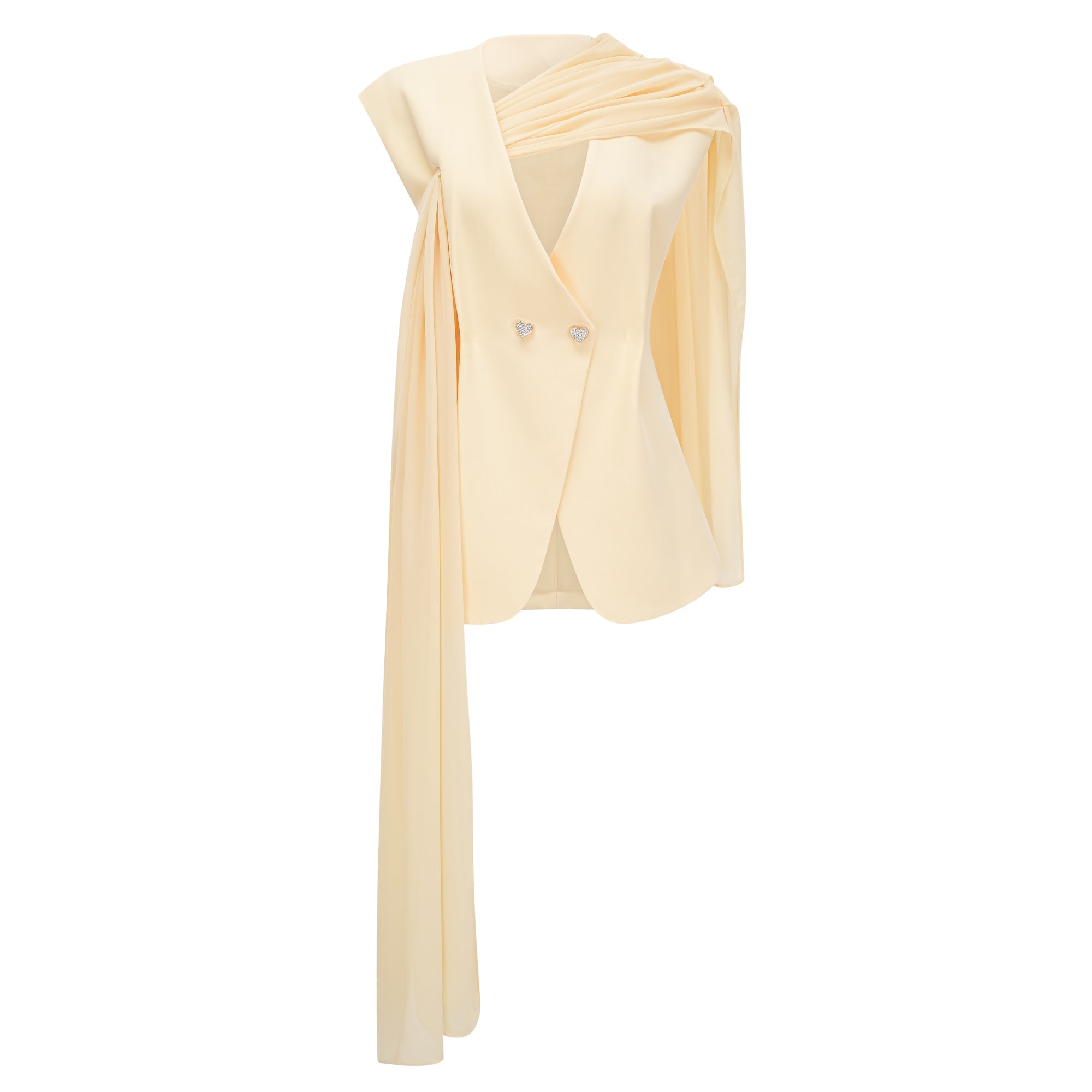 Pale yellow top and trousers set with an asymmetric blazer bodice, draped sheer neckline, and cape panels