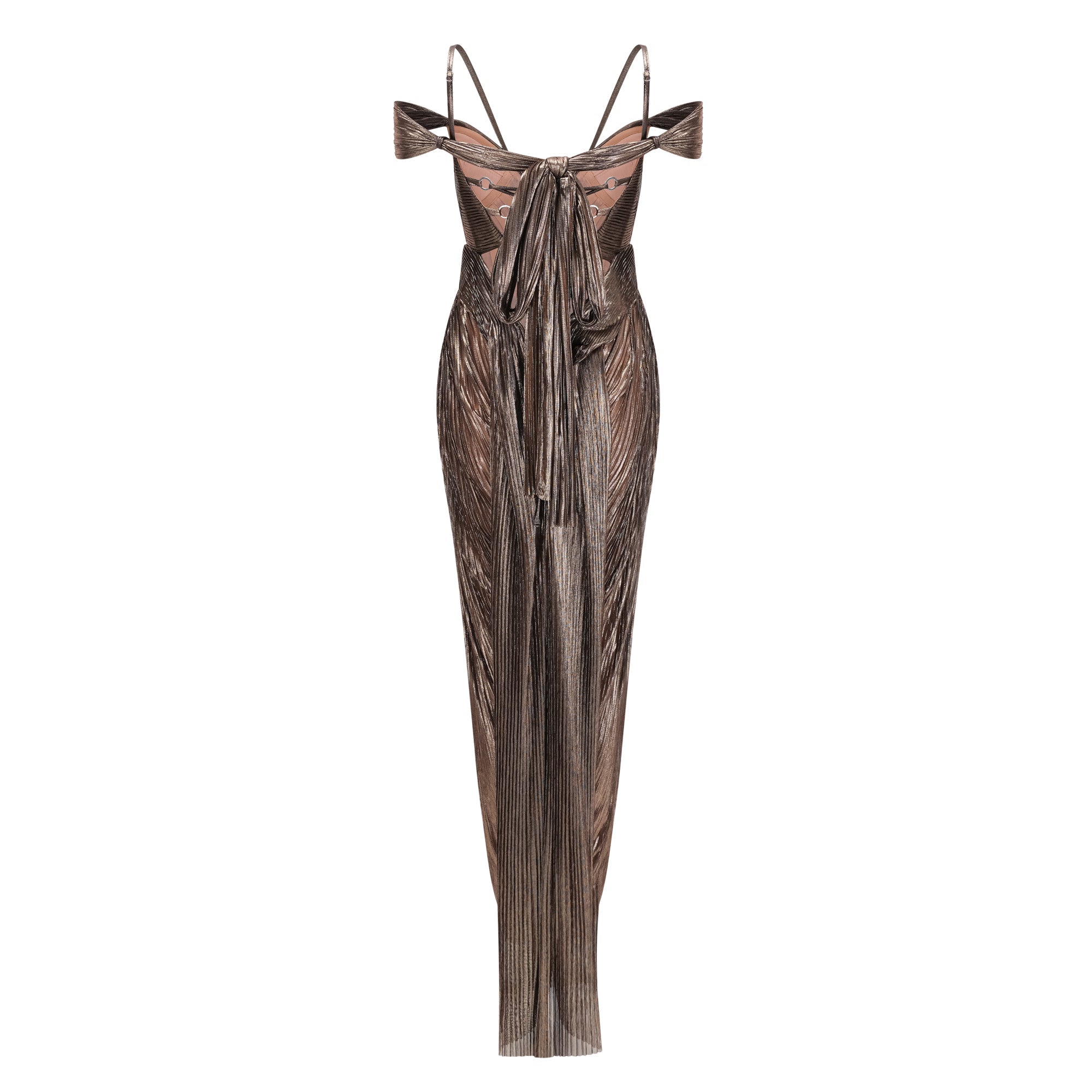 Bronze metallic plissé maxi dress with a plunging V-neckline and off-the-shoulder straps