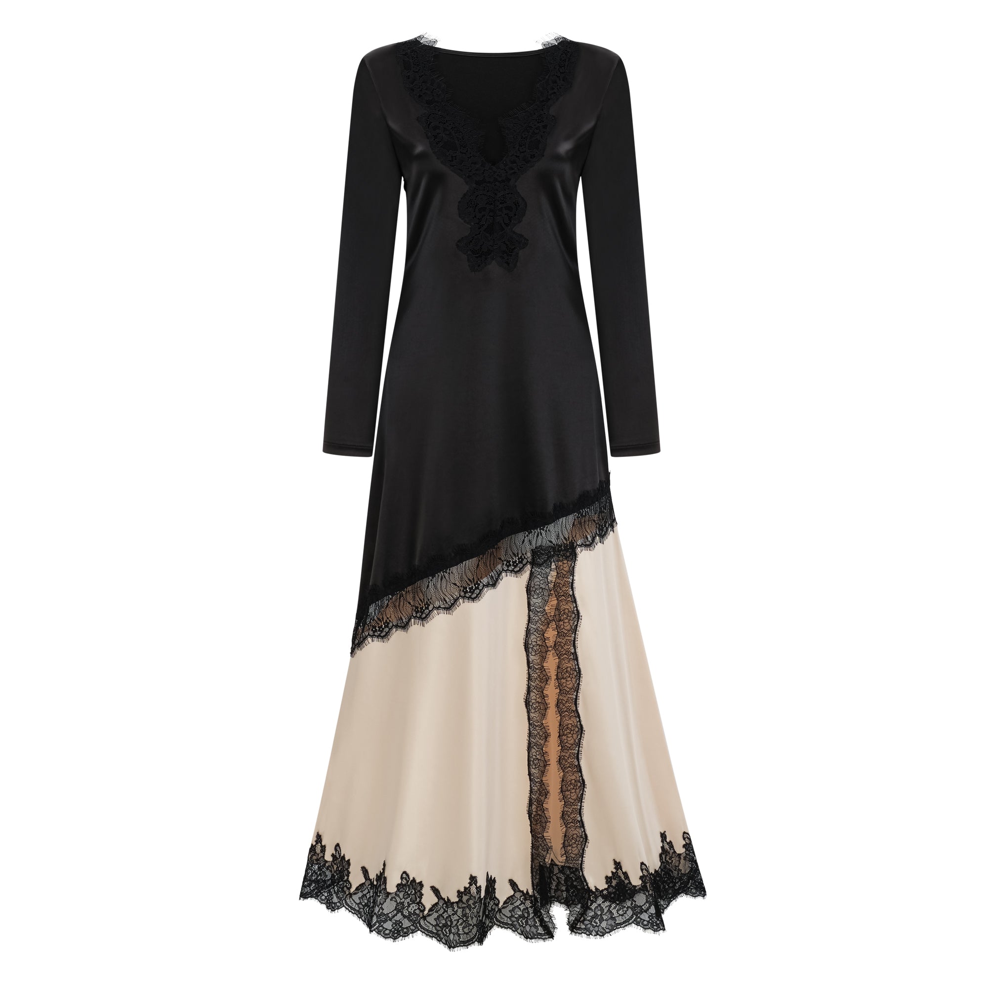 Robe longue en satin avec empiècement en dentelle Raphaëlle Neutrals