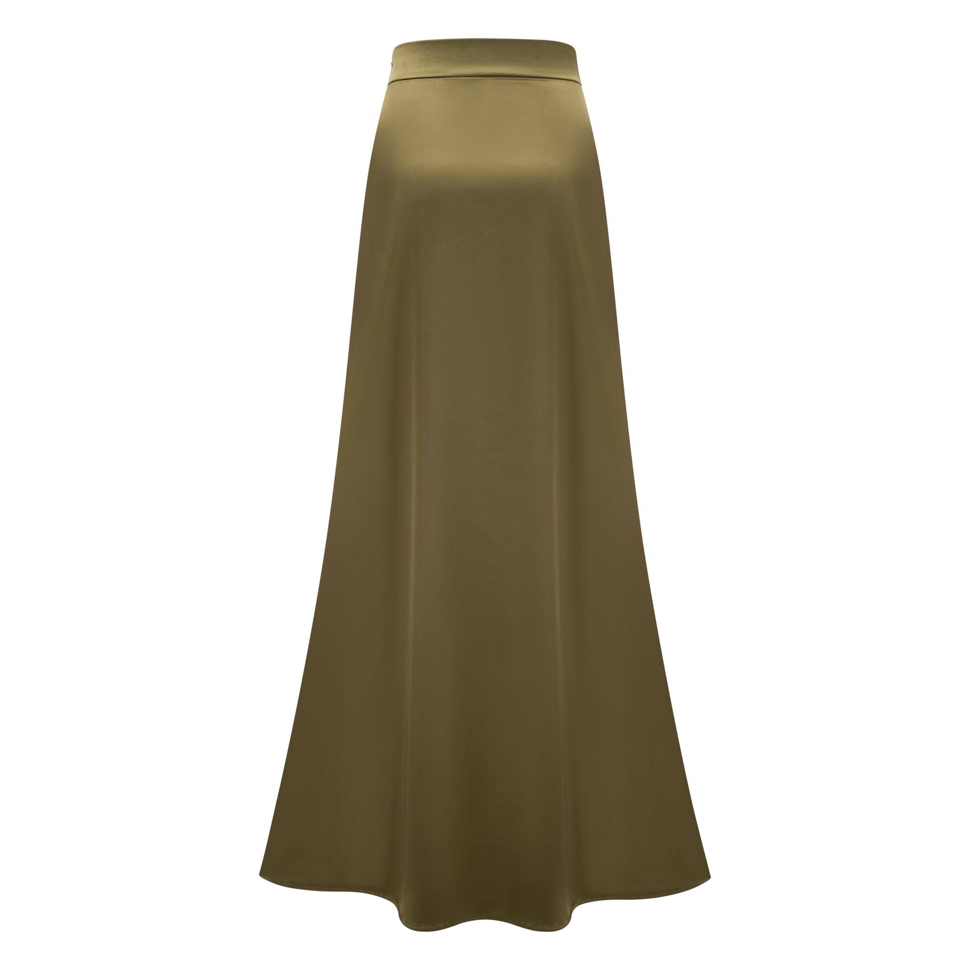 Olive green sleeveless maxi dress with a satin skirt