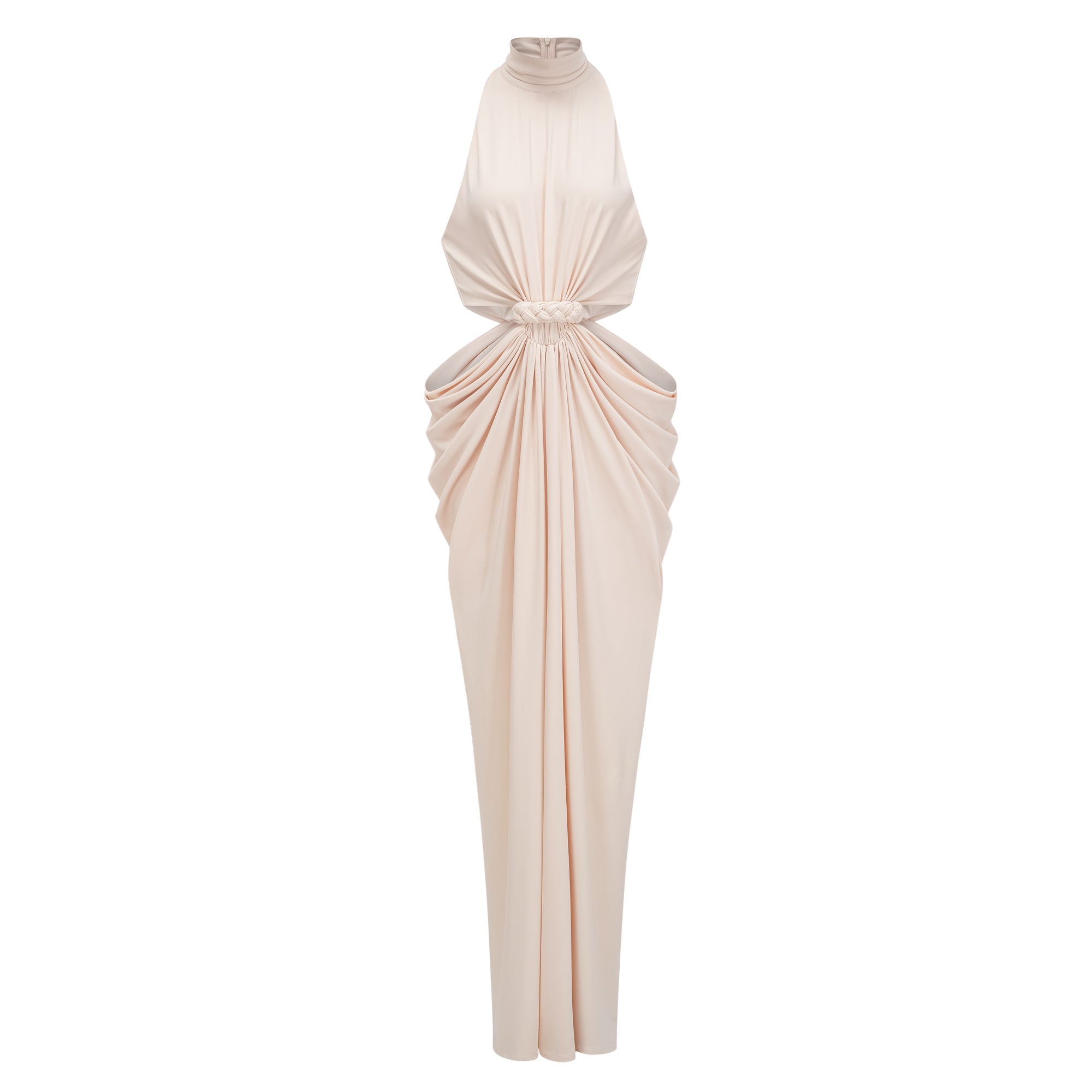 Robe longue couleur crème à dos nu, avec découpes à la taille et corsage drapé noué