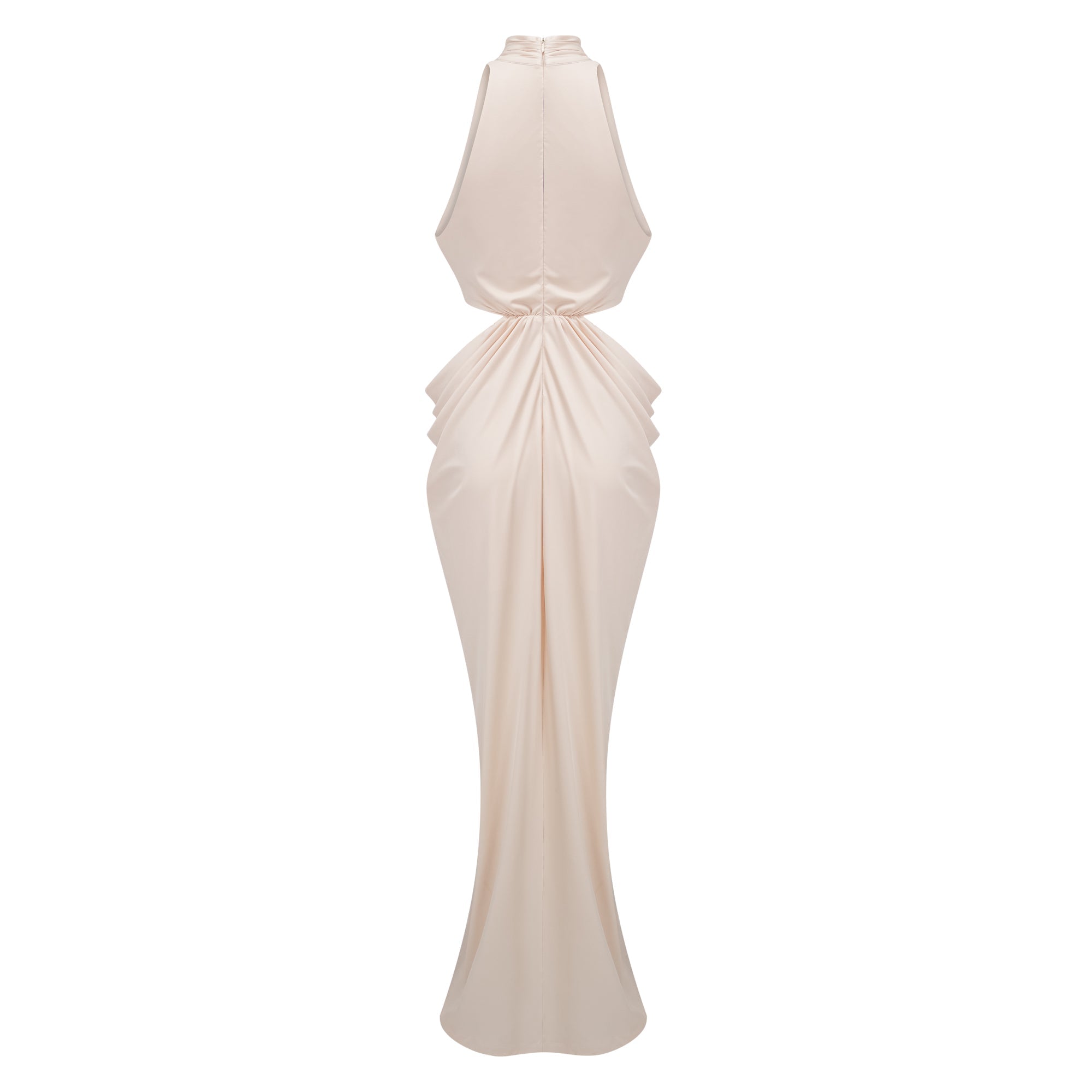 Cream halter maxi dress with waist cutouts and a knotted draped bodice