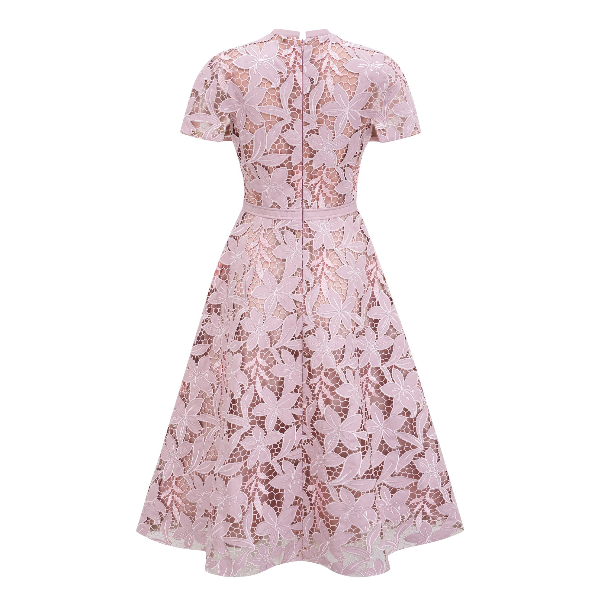 Pink floral laser-cut midi dress with short sleeves and a high neckline