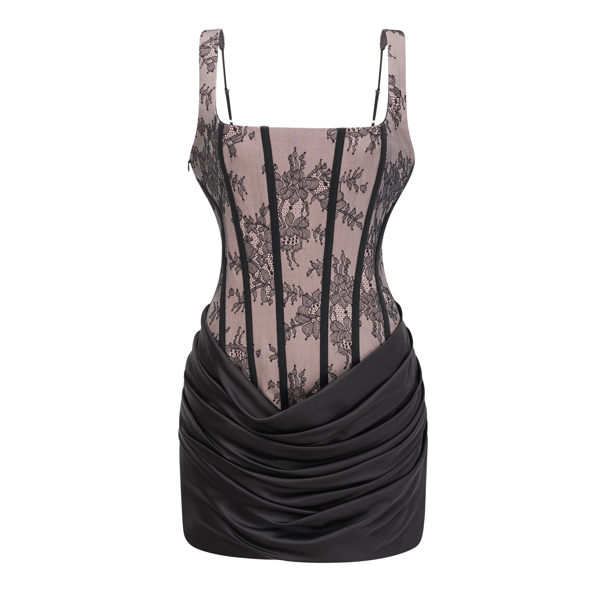 Olesya Black Ruched Mini Dress with Lace Panels (Final Sale-US Only)