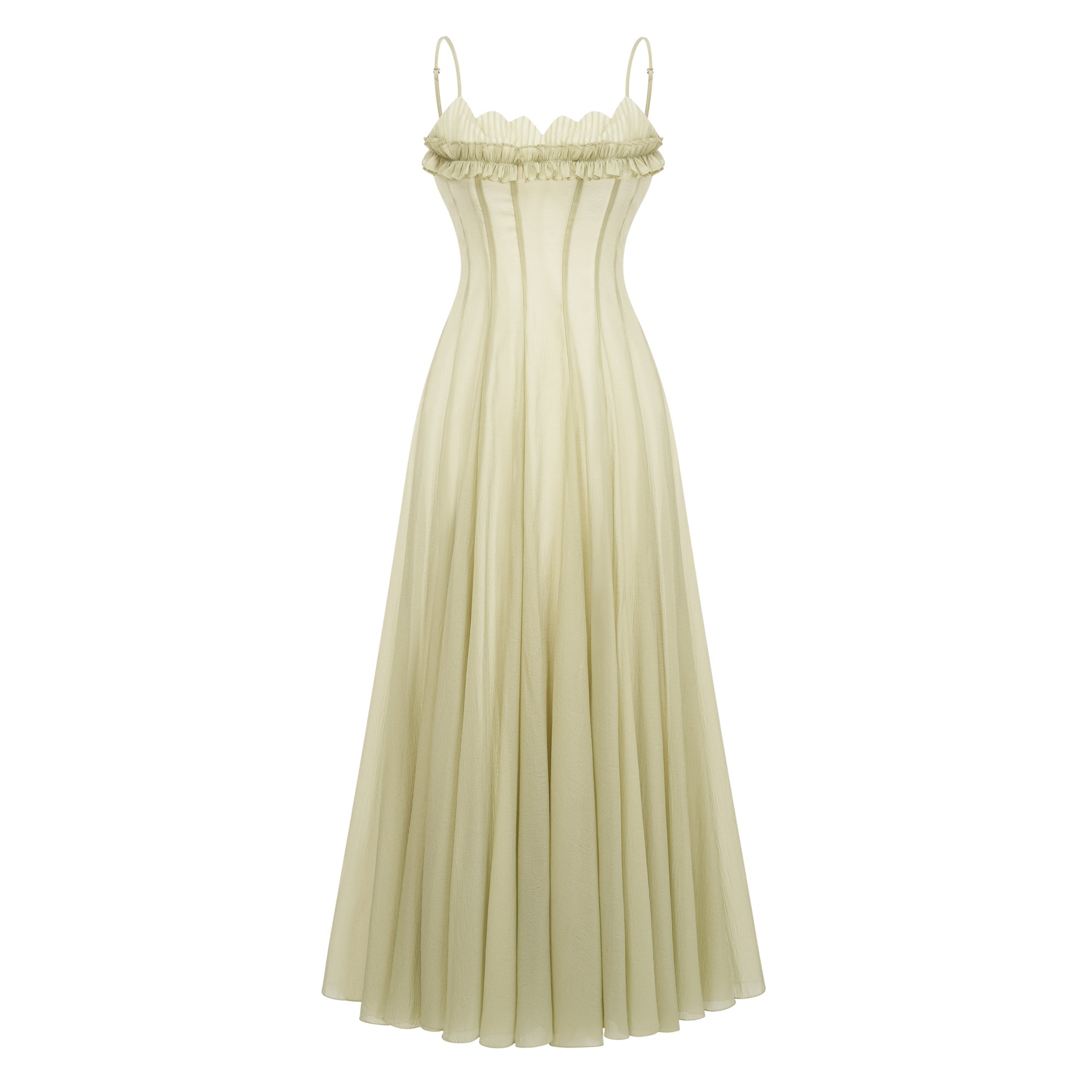 Light green spaghetti strap maxi dress with a ruffled neckline