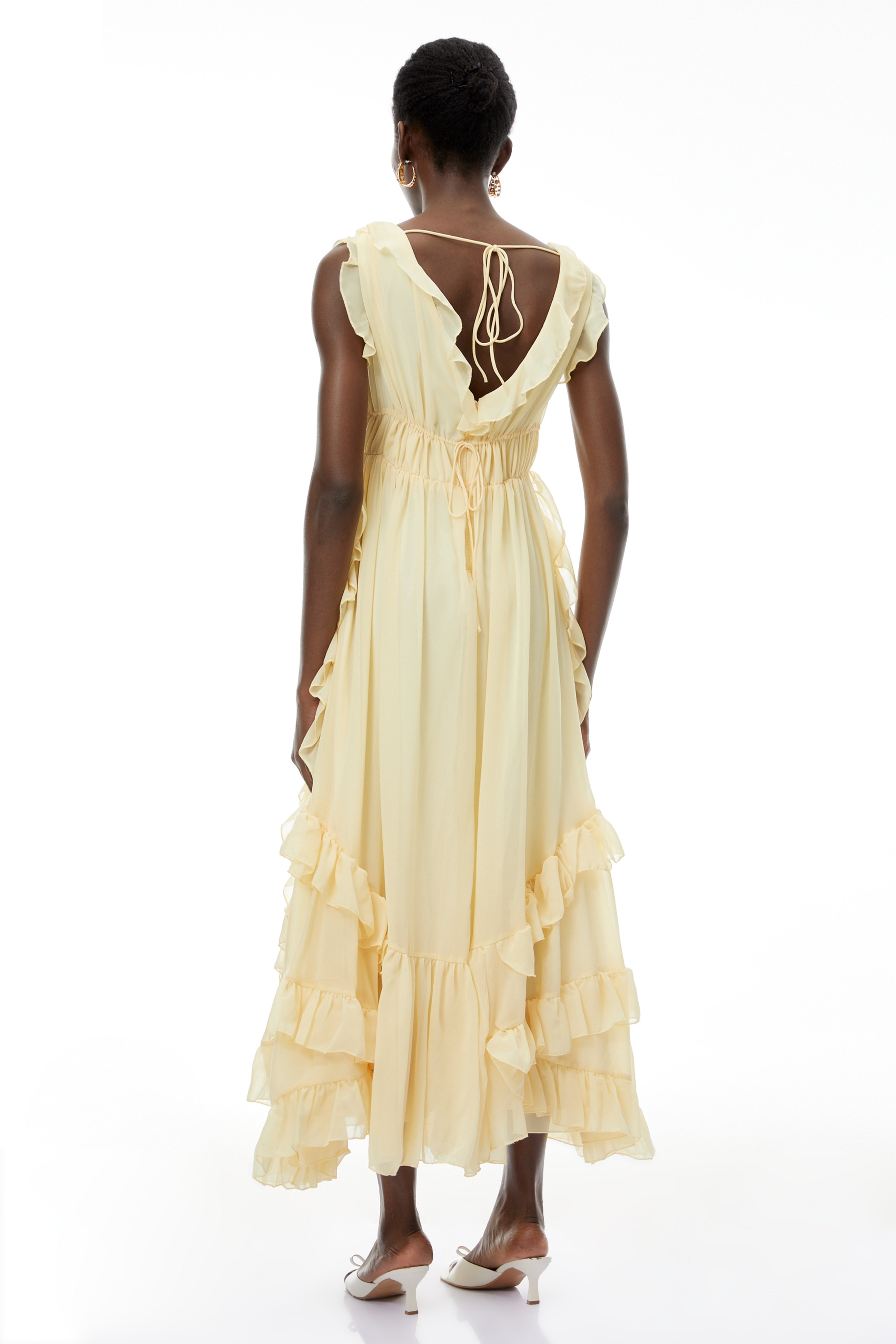 Dahlia Yellow Ruffled Maxi Dress with Lace-Up Detail